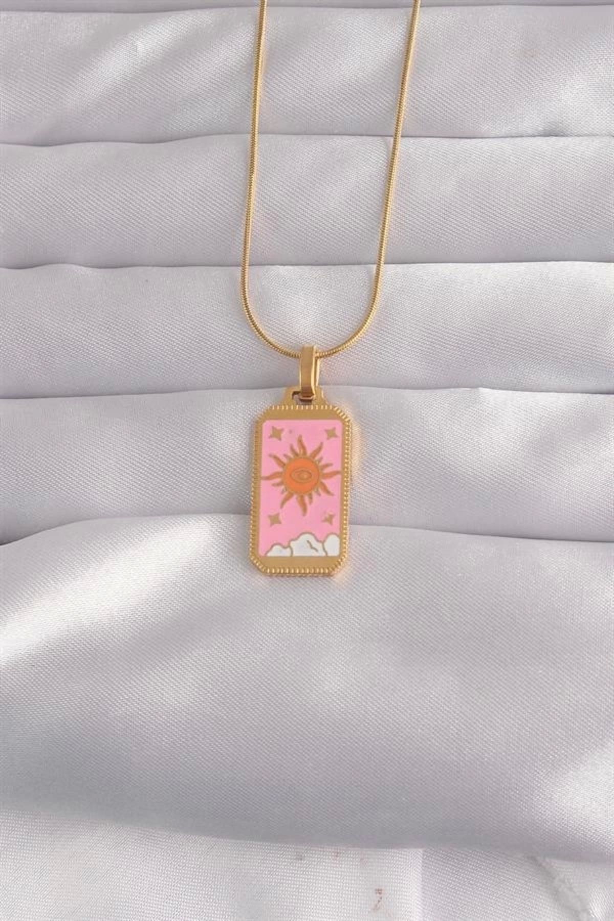 Lale Moda 316L Çelik Gold Renk Pembe Mineli Güneş Model Tarot Kolye