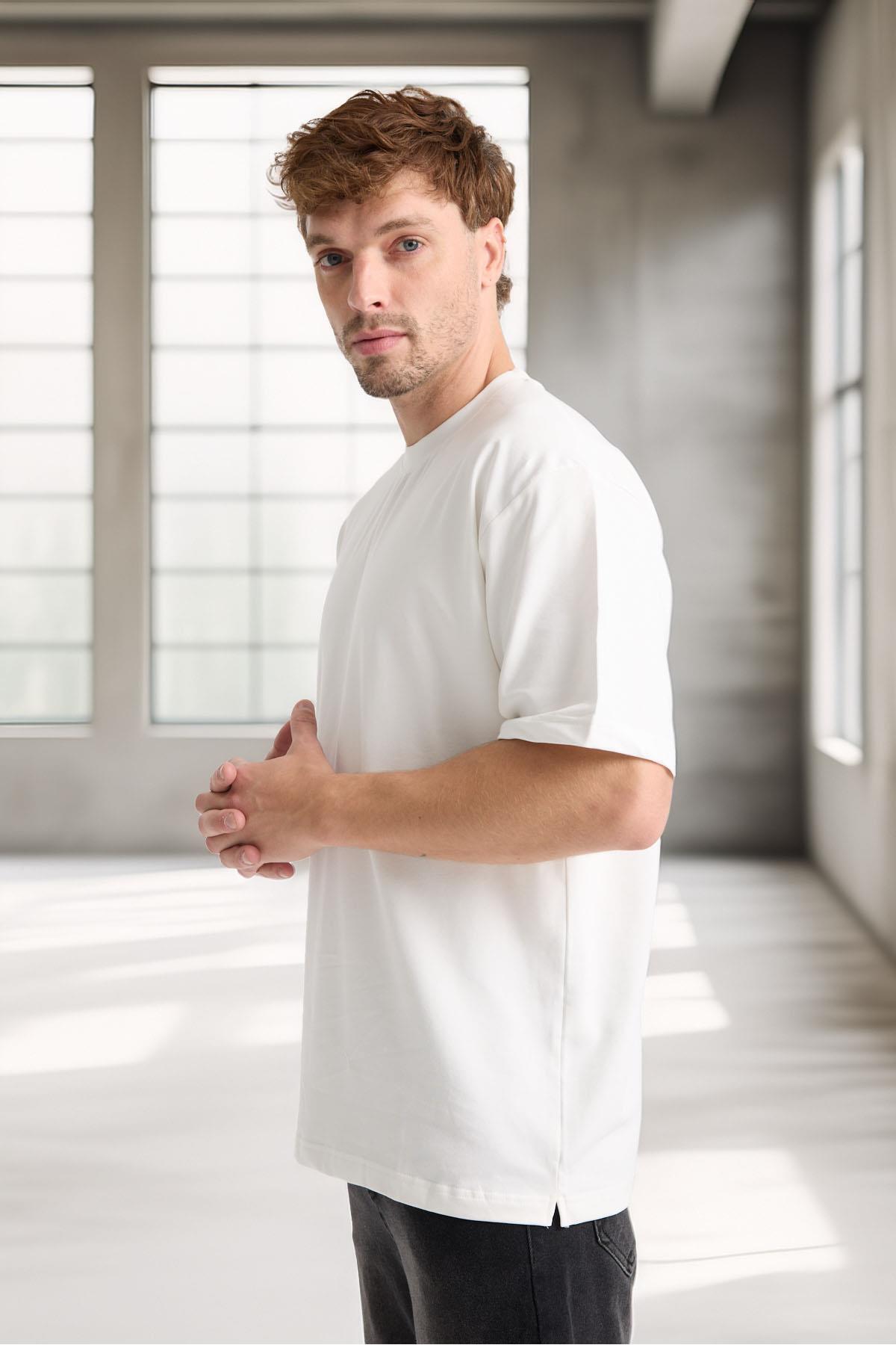 Valiberta-Two Thread Fabric Cotton Crew Neck Basic Oversize Men's T-Shirt - Ecru 7