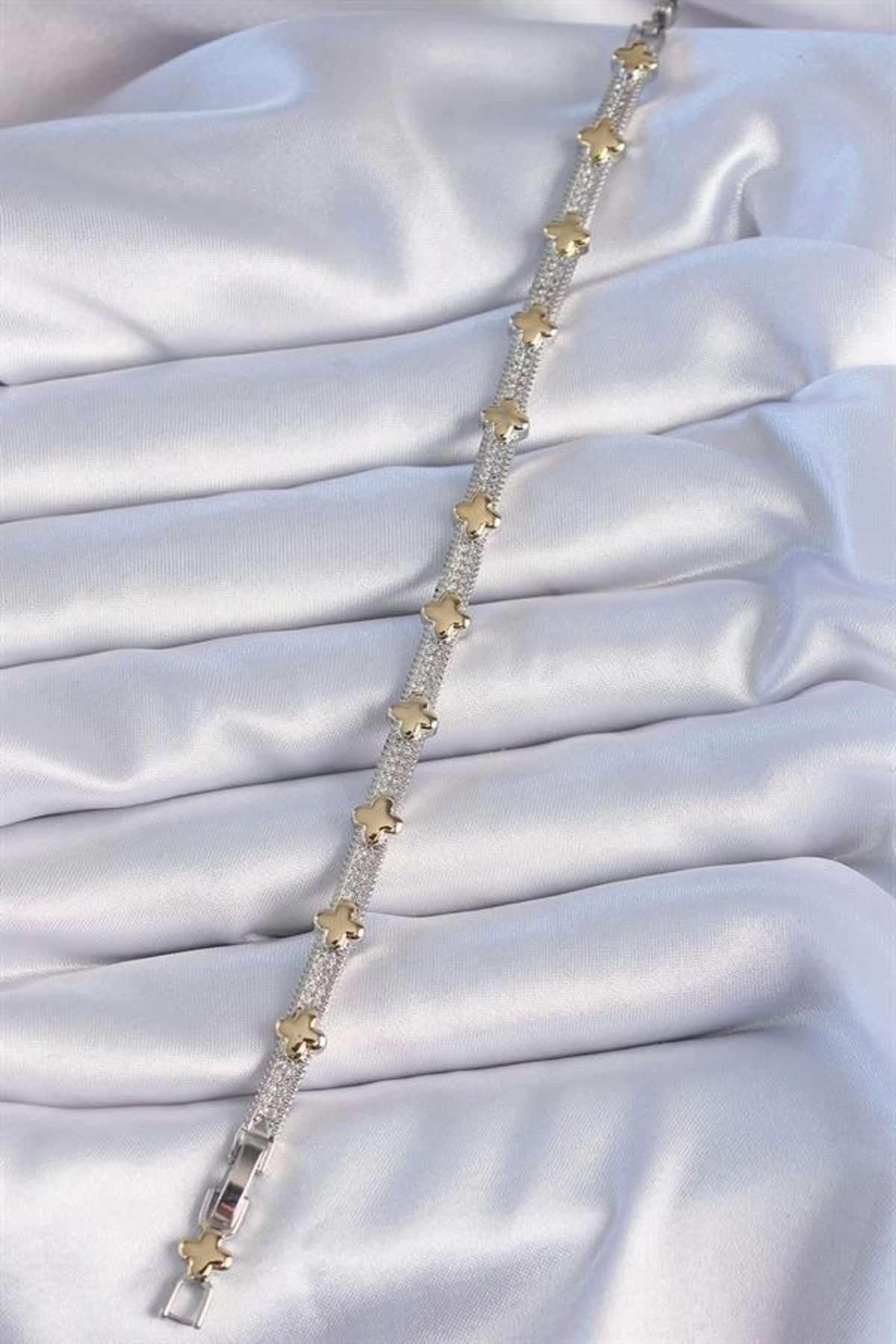 Lale Moda Pirinç Gümüş Renk Zirkon Taşlı Gold Yonca Model VİP Seri Kadın Bileklik