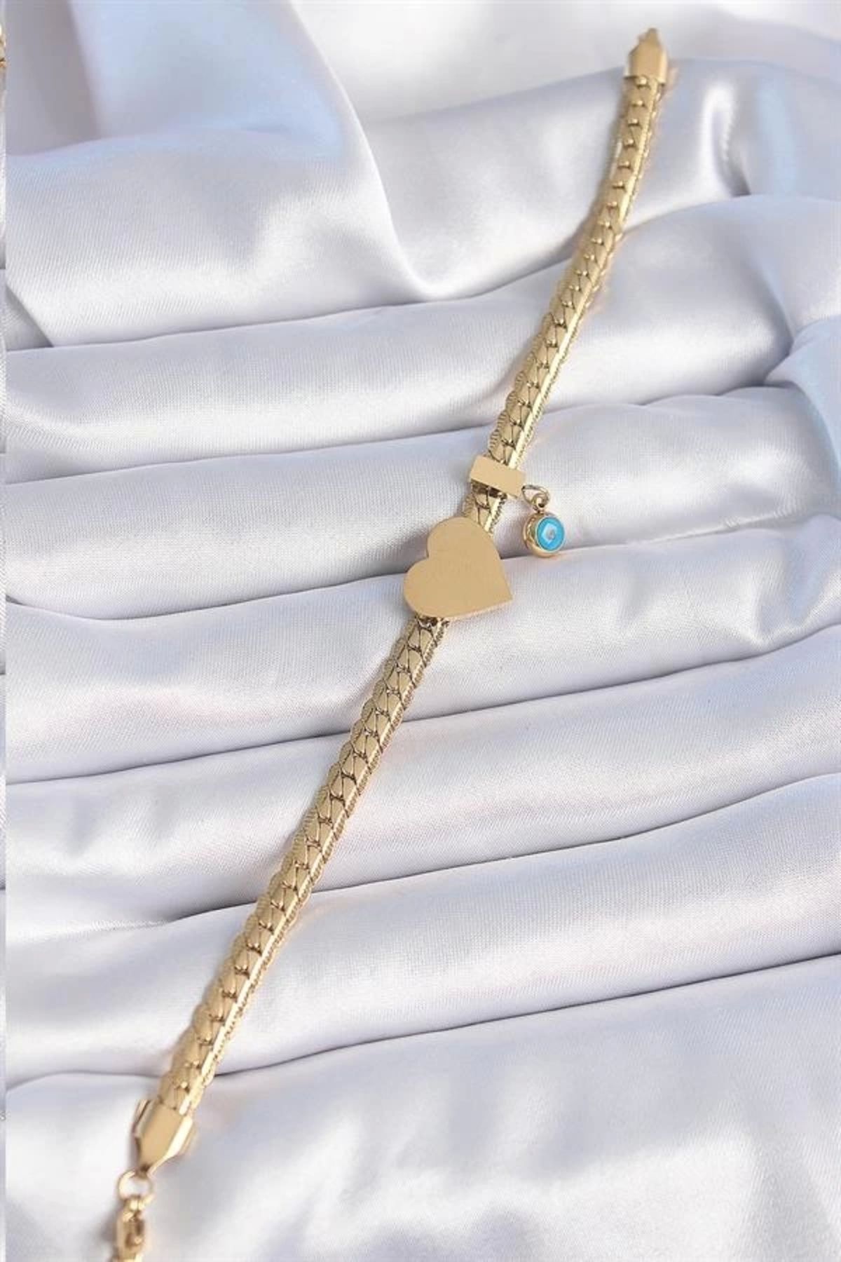 Lale Moda 316L Çelik Gold Renk Yassı Zincir Model Kalp Figür Nazar Boncuk Detay Kadın Bileklik