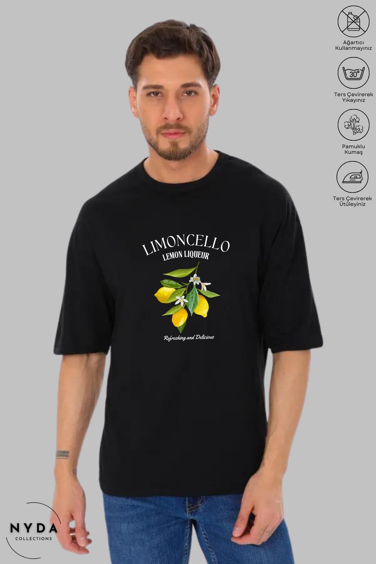 Nyda Collections Unisex Bisiklet Yaka Limon Baskılı Pamuk Oversize Kısa Kollu Tişört