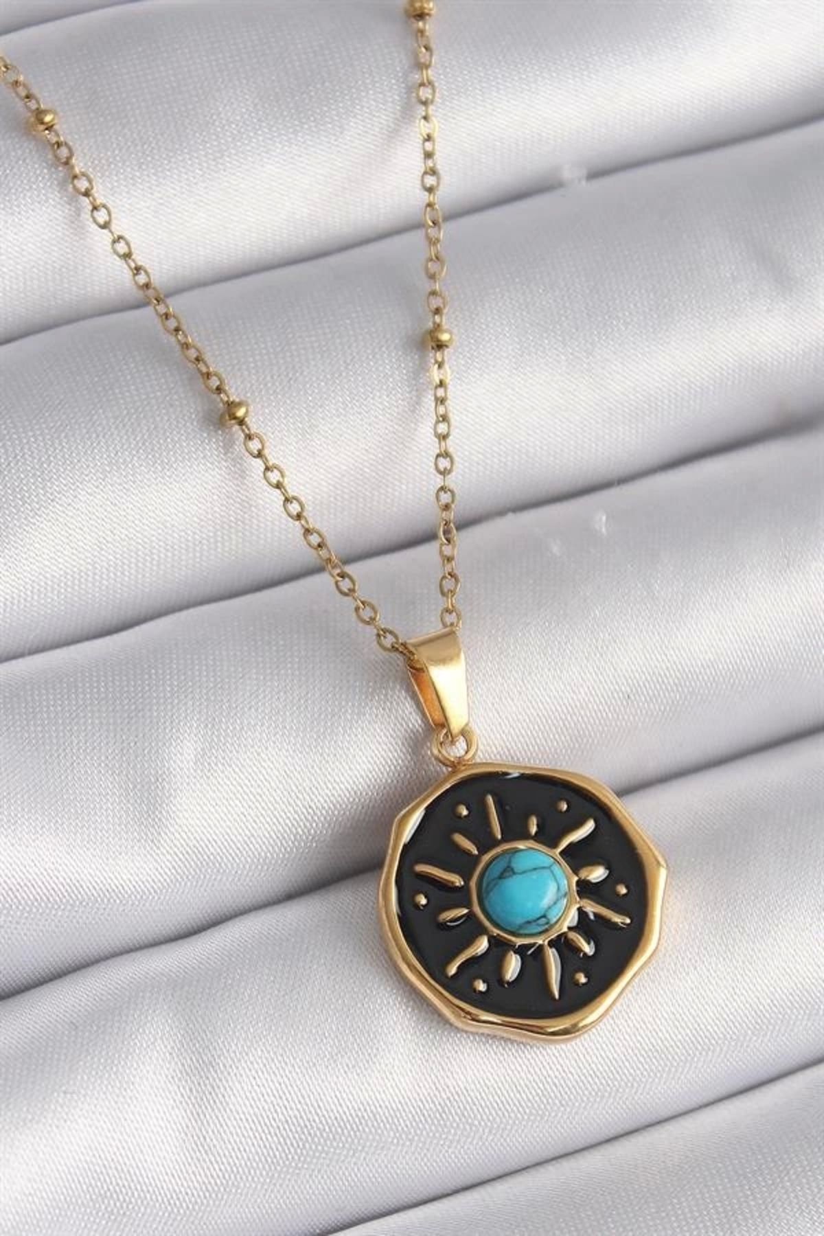 Lale Moda 316L Çelik Gold Renk Mavi Boncuk Güneş İşleme Madalyon Model Kadın Kolye