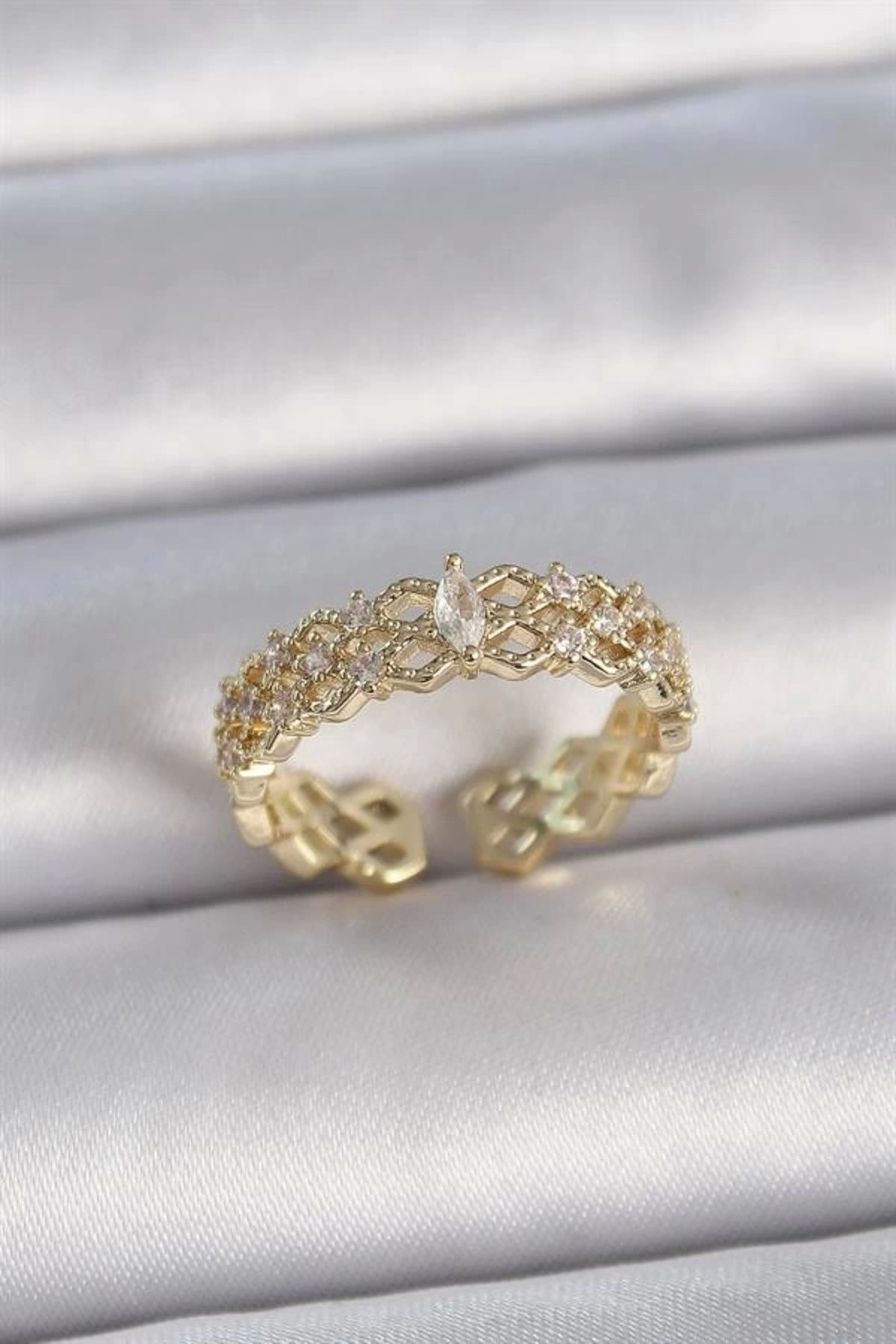 Lale Moda Pirinç Gold Renk Zirkon Taşlı Zikzak Ayarlanabilir Model Kadın Yüzük