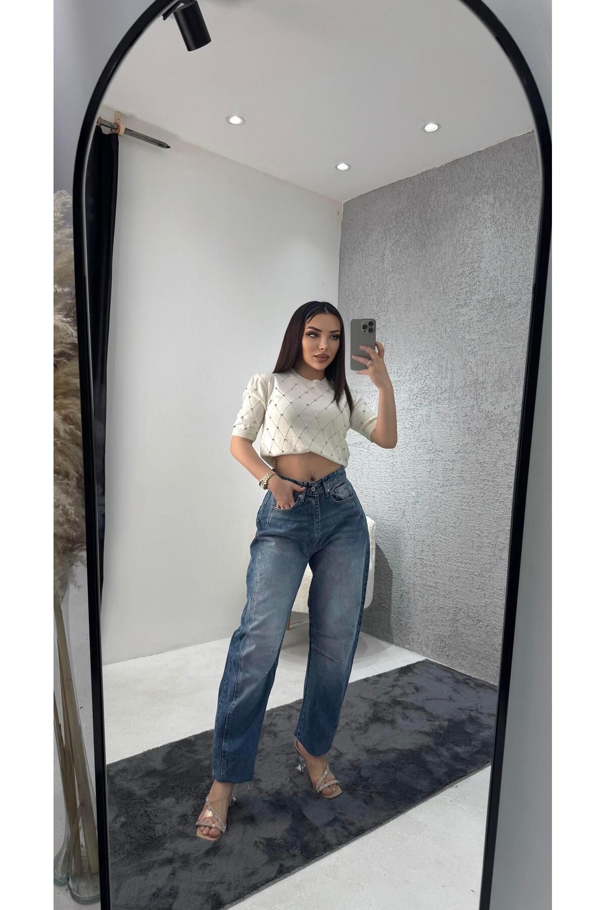 Neva Wear Kadın Vintage Wash Yüksek Bel Geniş Paça Jean