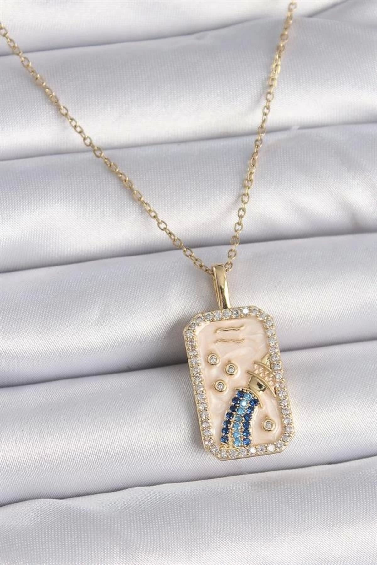 Lale Moda 316L Çelik Gold Renk Zincir Kova Burcu Zirkon Taşlı Kadın Kolye