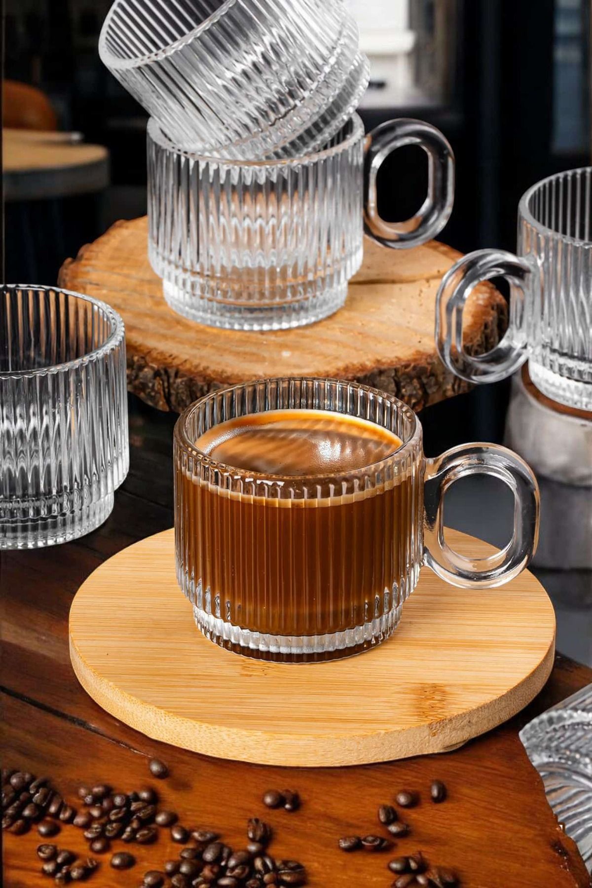 ÇEÇEN HOME 6 Adet Kulplu Çay-Kahve Fincanı Cam Çizgili ( 1 Adet 90ml )