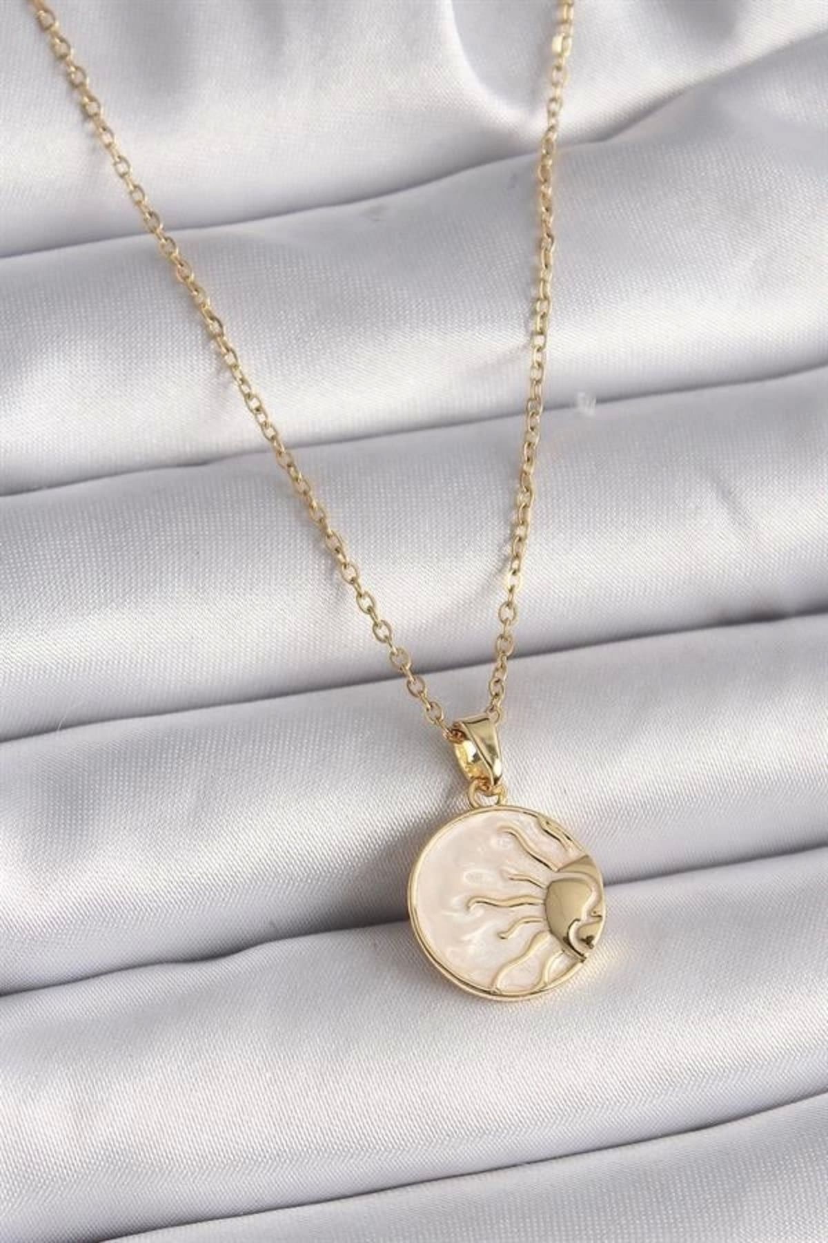 Lale Moda 316L Çelik Gold Renk Zincir Beyaz Sedefli Gün Batımı Madalyon Model Kadın Kolye