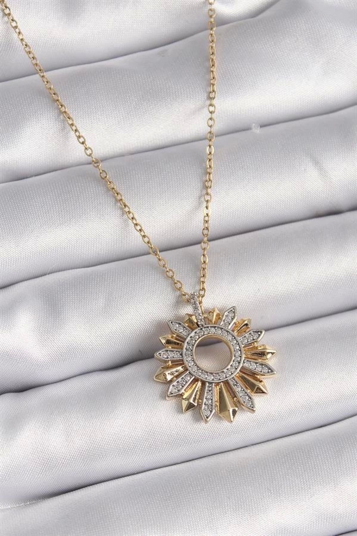 Lale Moda 316L Çelik Gold Renk Zincir Zirkon Taşlı Mix Renk Güneş Model Kadın Kolye