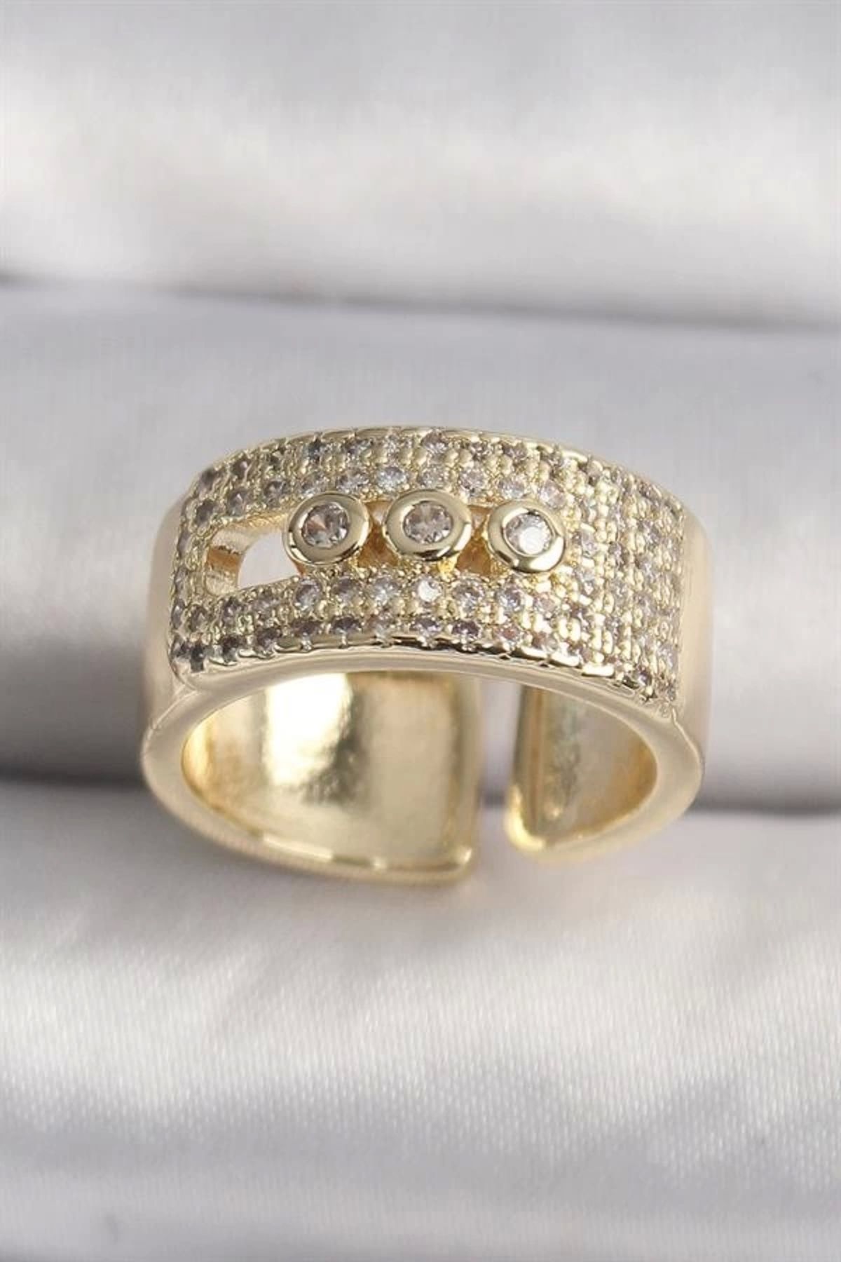 Lale Moda Pirinç Gold Renk Zirkon Taşlı Messika Model Ayarlanabilir Kadın Yüzük