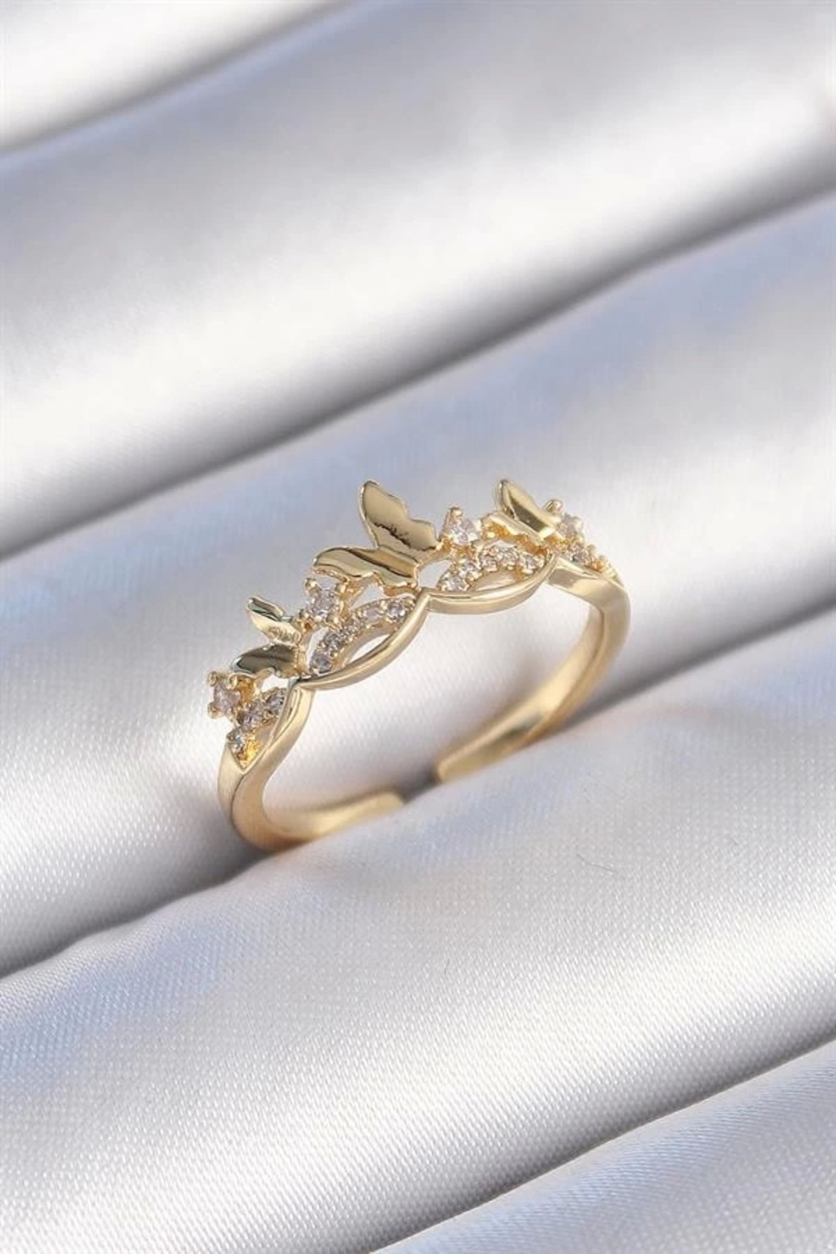 Lale Moda Pirinç Gold Renk Zirkon Taşlı Kelebek Model Kadın Yüzük