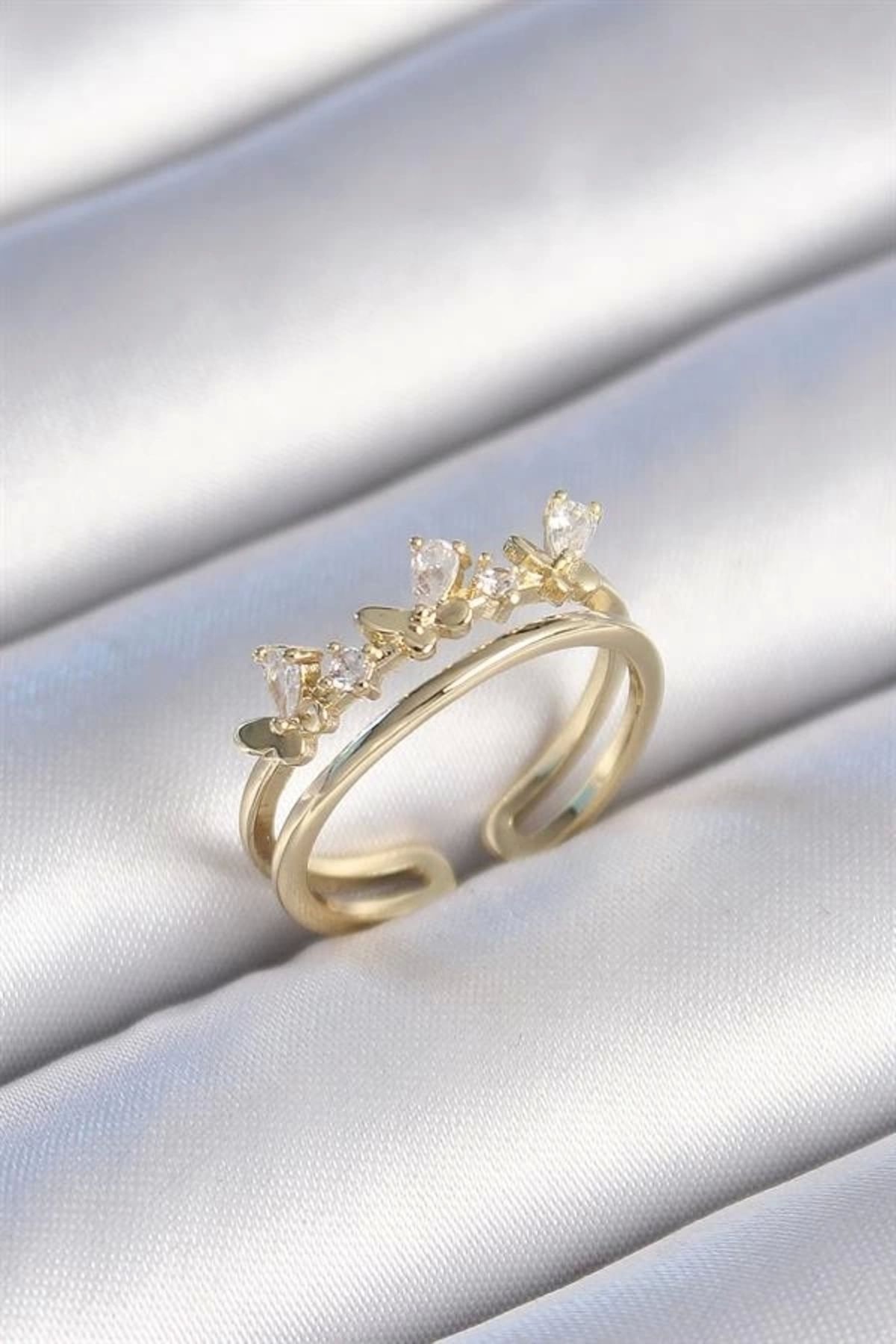 Lale Moda Pirinç Gold Renk Zirkon Taşlı Kelebek Model Kadın Yüzük
