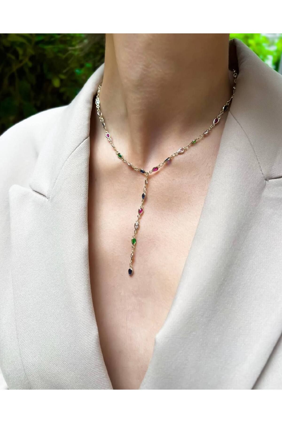 lysiaaccessory Renkli Damla Model Zirkon Taşlı Y Model Dekolye Kolyesi
