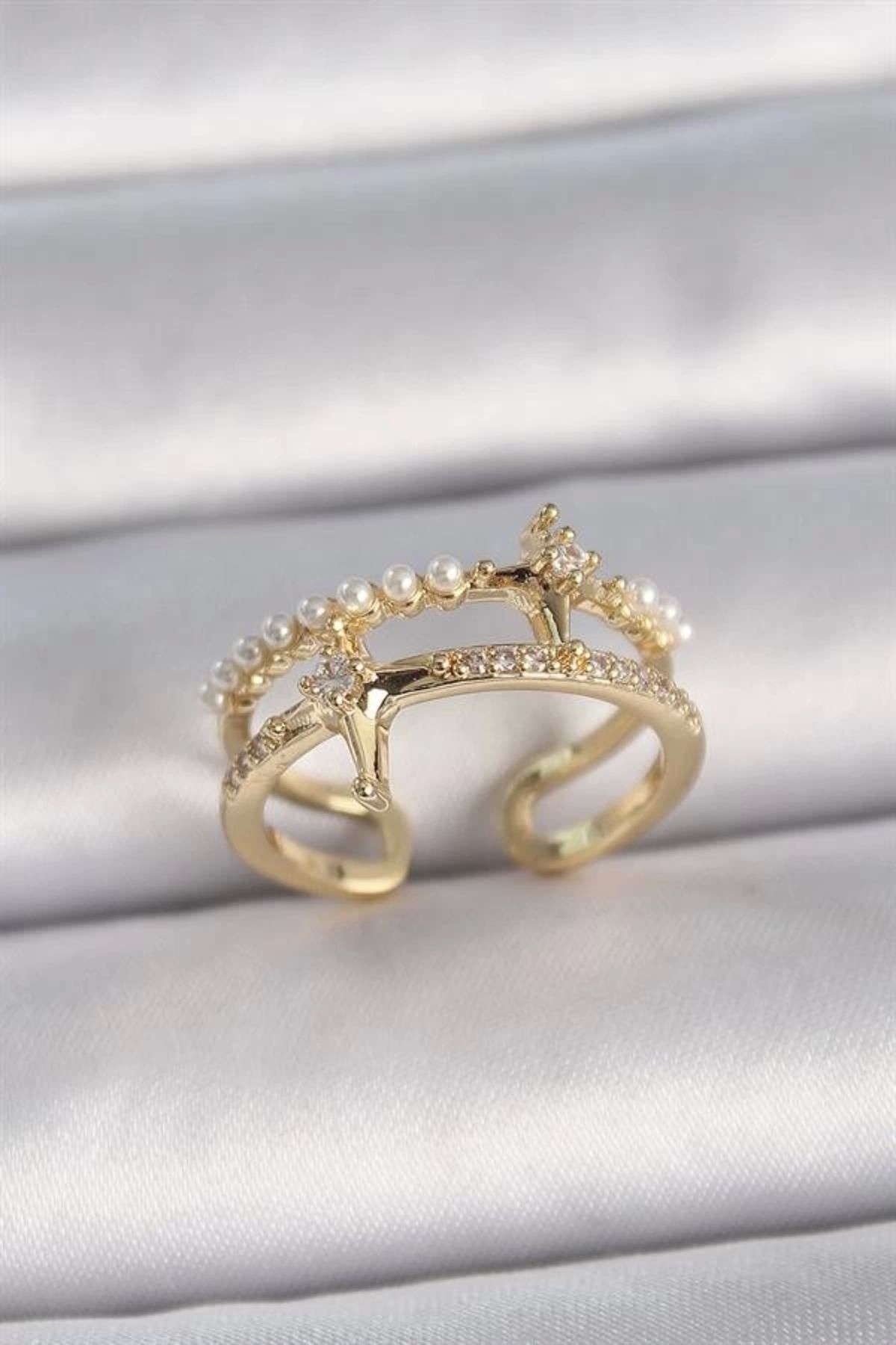 Lale Moda Pirinç Gold Renk Ayarlanabilir Zirkon Taşlı İncili Yıldız Model Kadın Yüzük