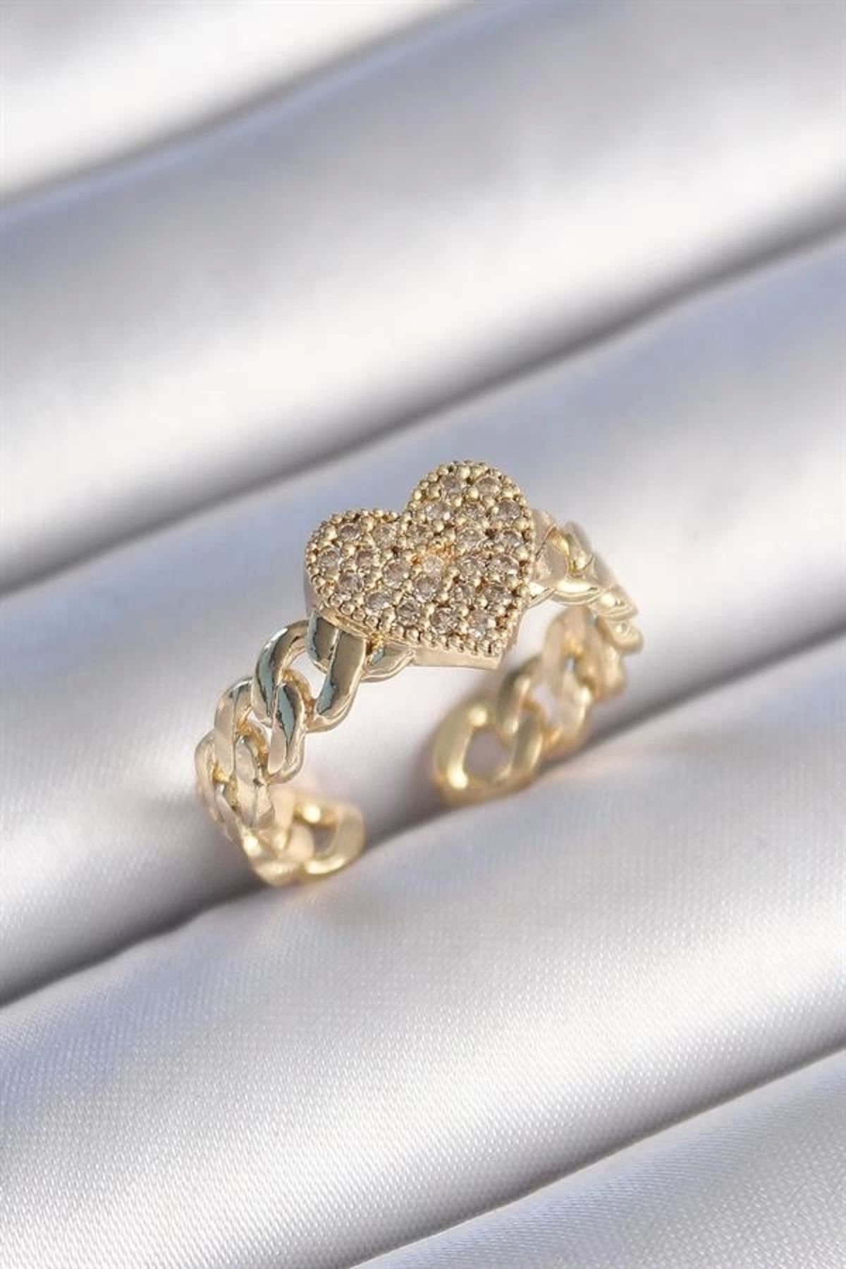 Lale Moda Pirinç Gold Renk Zincir Kordon Zirkon Taşlı Kalp Model Kadın Yüzük