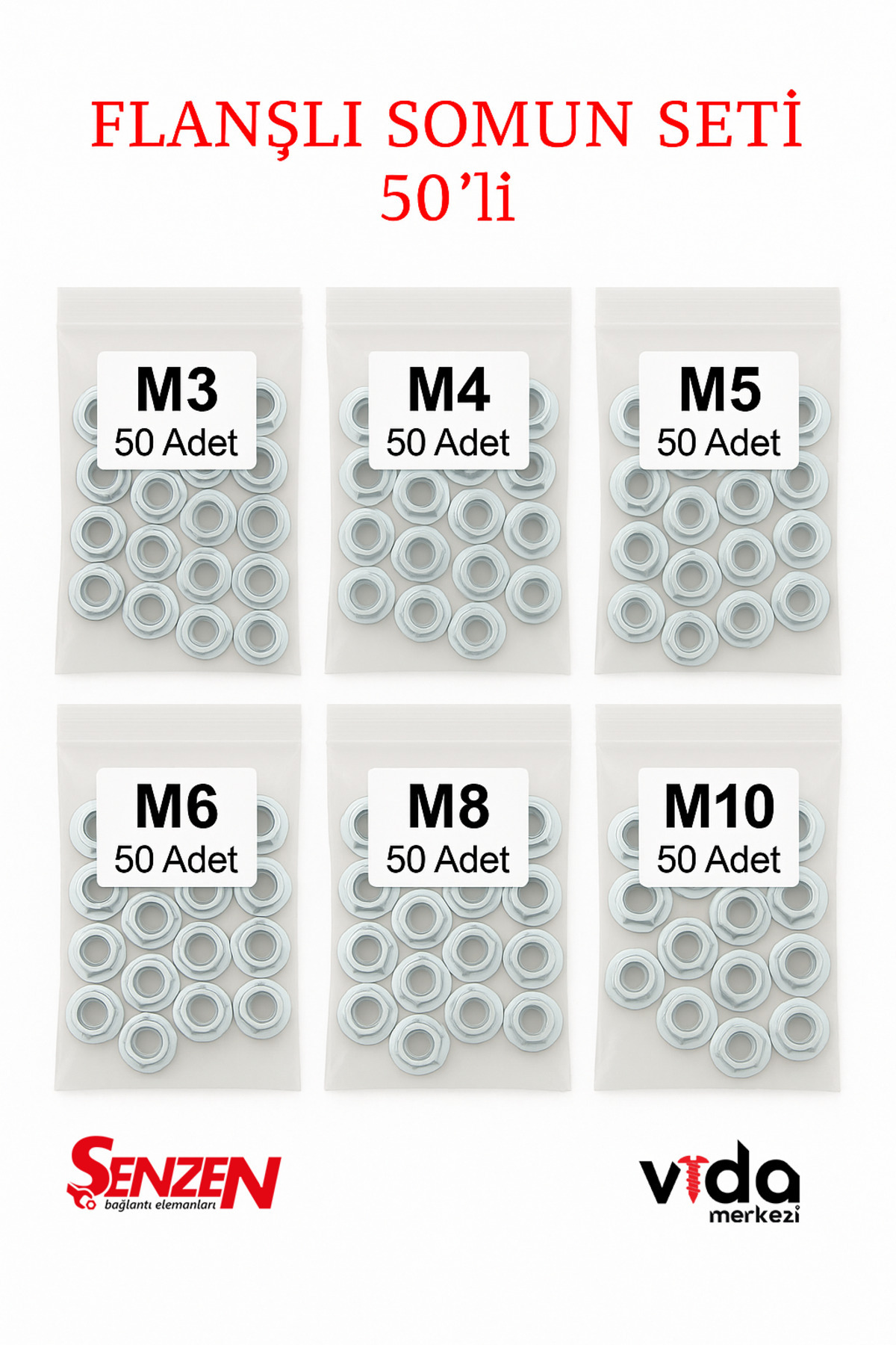 Şenzen Flanşlı Beyaz Somun Seti 300 Parça (M3-M10 Arası 6 Ölçü)