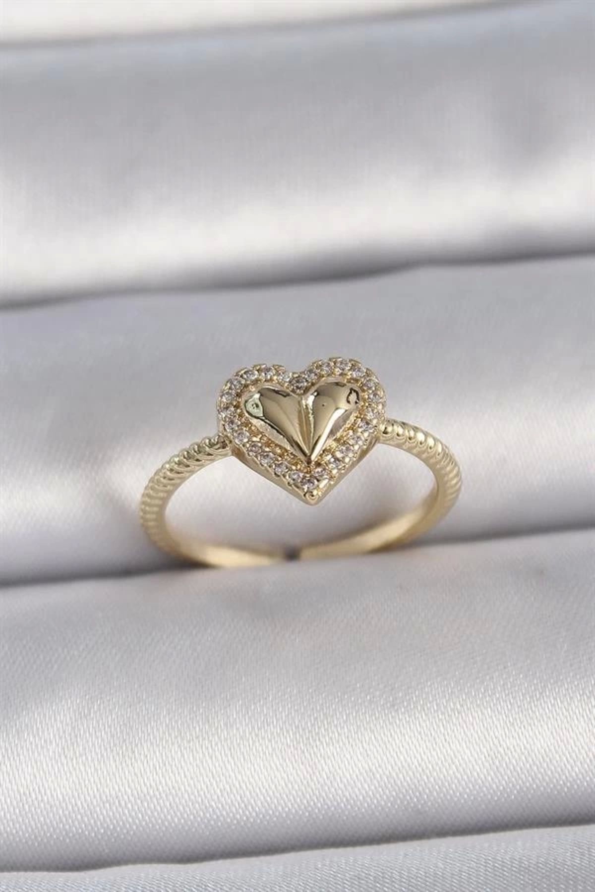 Lale Moda Pirinç Gold Renk Ayarlanabilir Zirkon Taşlı Kalp Model Kadın Yüzük