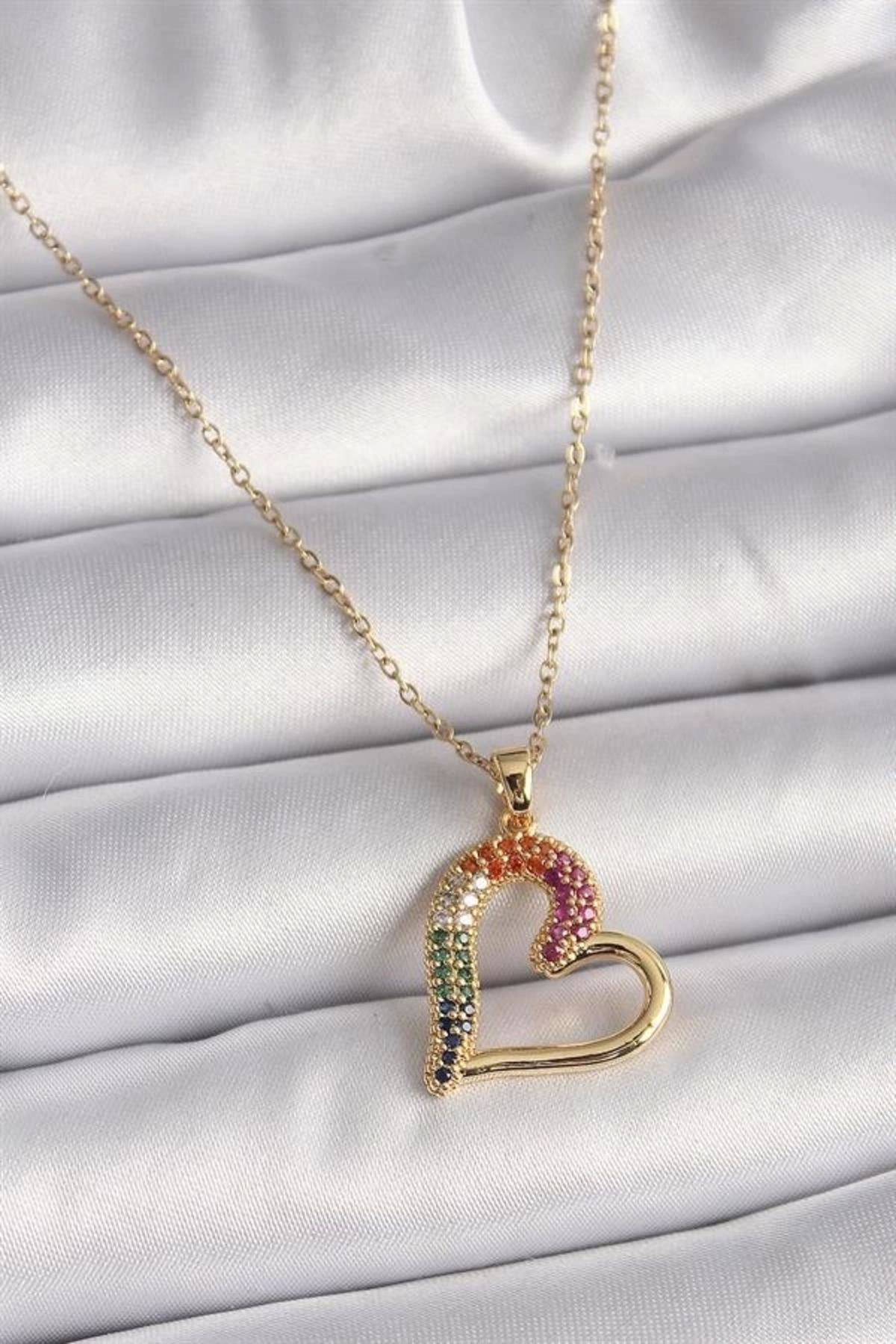 Lale Moda 316L Çelik Gold Renk Zincir Renkli Zirkon Taşlı Kalp Model Kadın Kolye