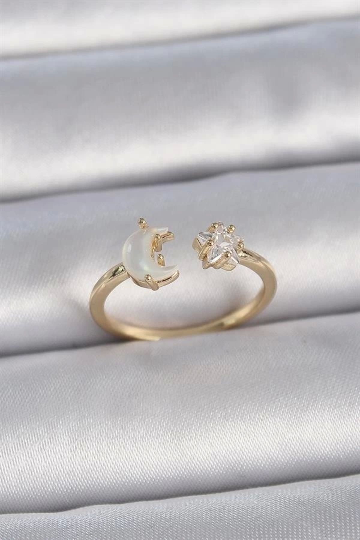 Lale Moda Pirinç Gold Renk İncili Hilal Zirkon Taşlı Yıldız Ayarlanabilir Model Kadın Yüzük