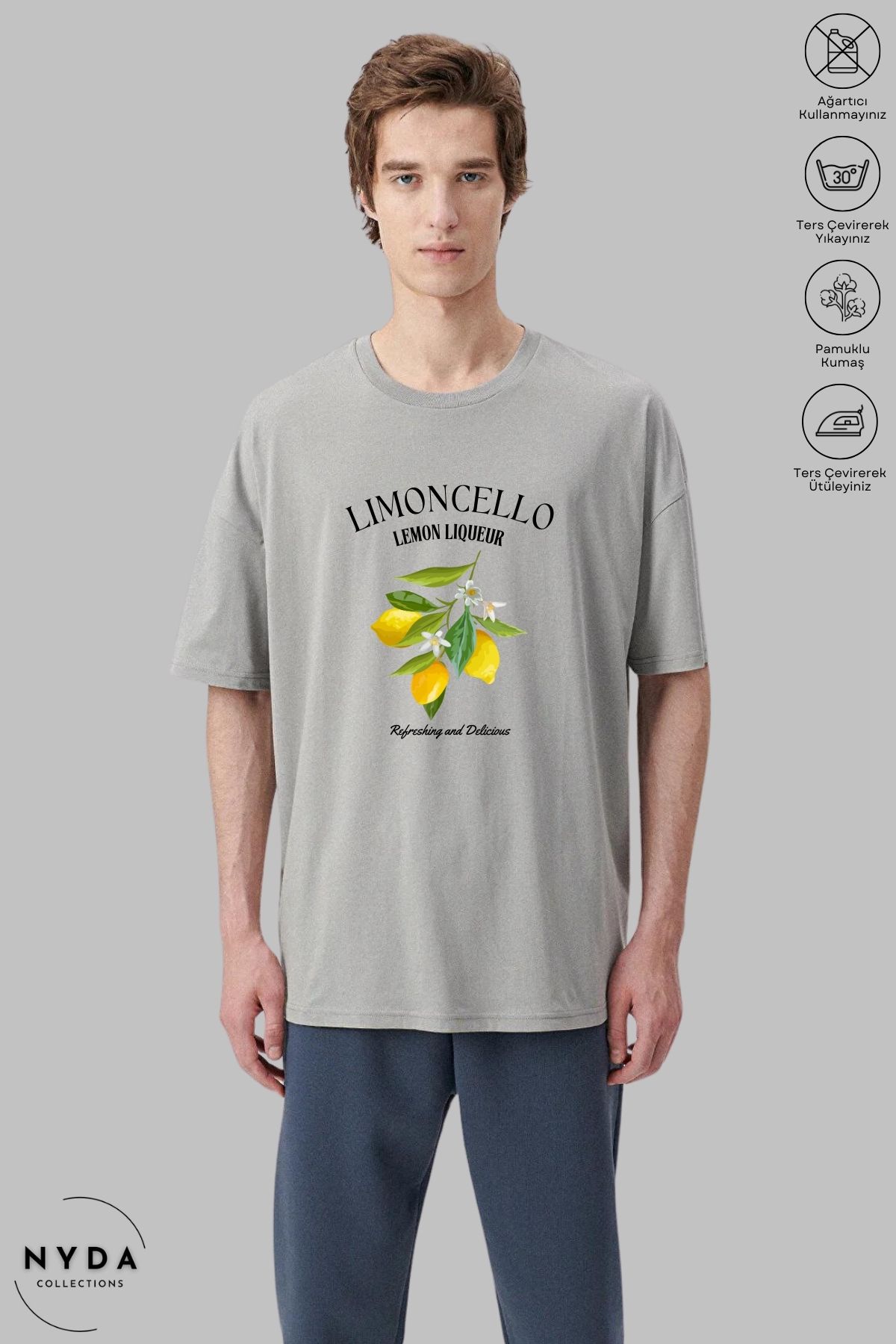 Nyda Collections Unisex Bisiklet Yaka Limon Baskılı Pamuk Oversize Kısa Kollu Tişört