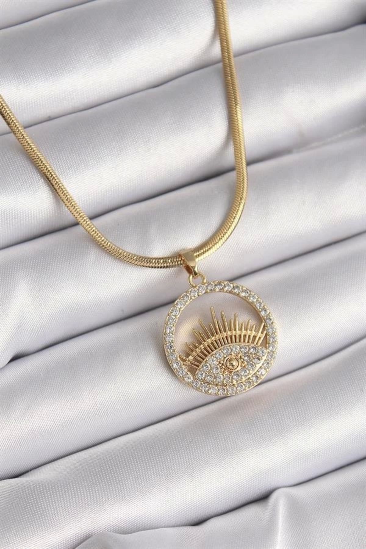 Lale Moda 316L Çelik Gold Renk İtalyan Zincir Zirkon Taşlı Göz Model Kadın Kolye