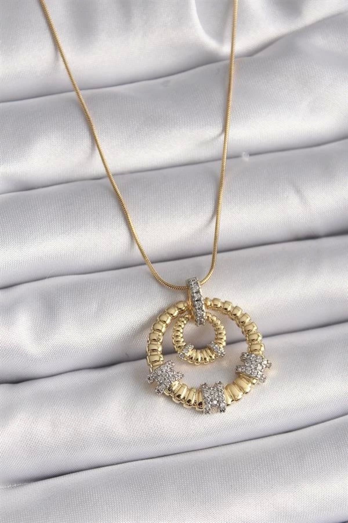 Lale Moda 316L Çelik Gold Renk Zincir Gümüş Zirkon Taşlı Madalyon Model Kadın Kolye