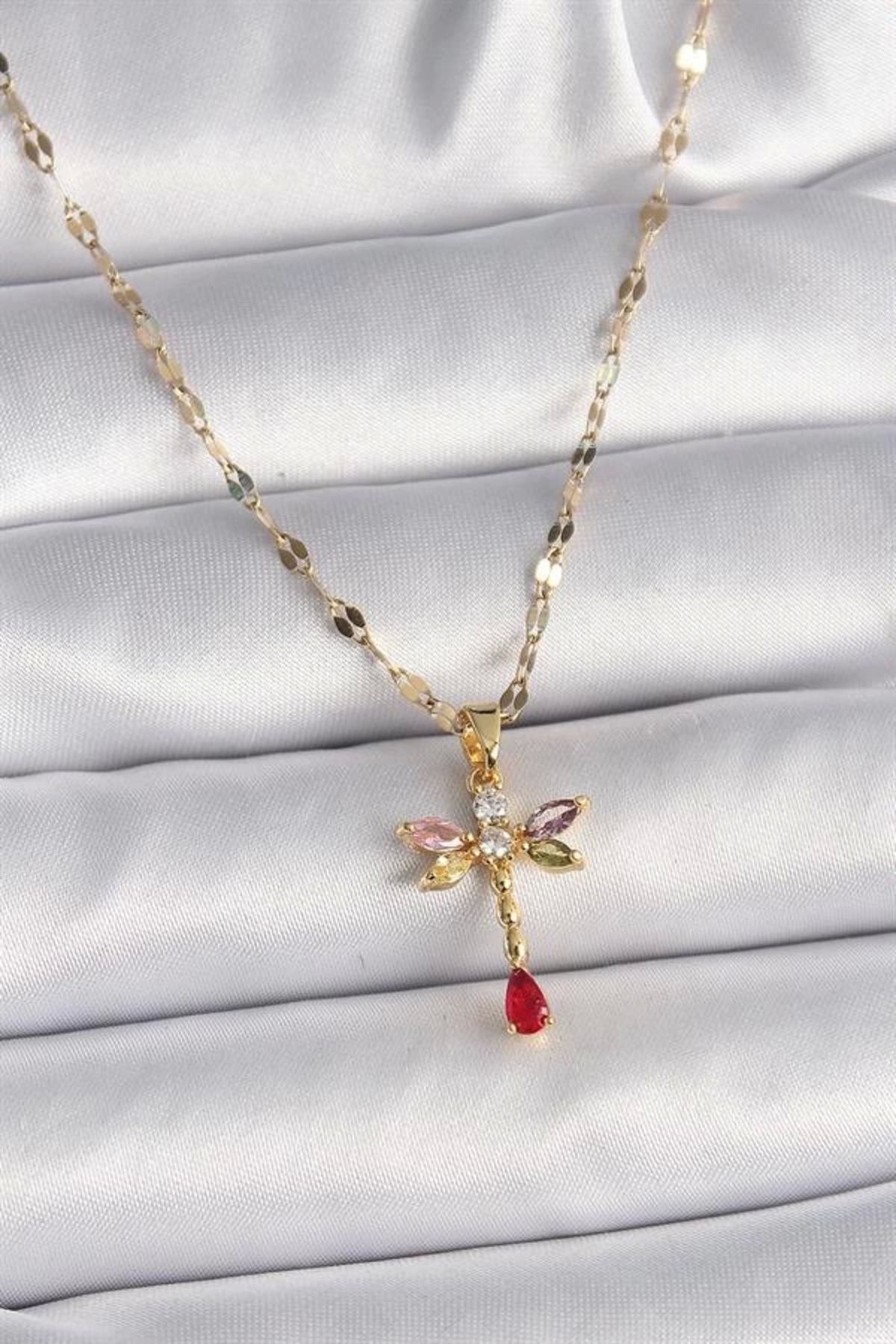 Lale Moda 316L Çelik Gold Renk Zincir Renkli Zirkon Taşlı Yusufçuk Model Kadın Kolye