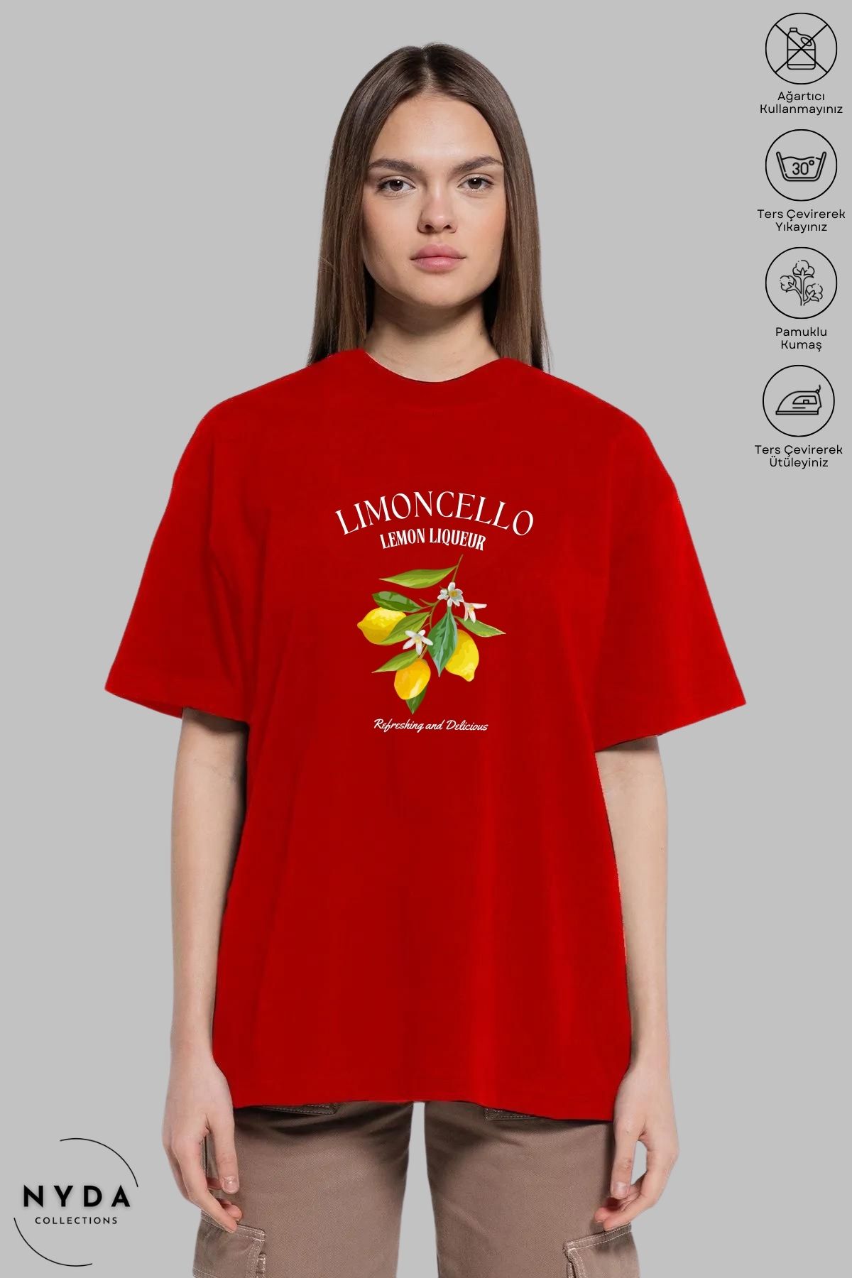 Nyda Collections Unisex Bisiklet Yaka Limon Baskılı Pamuk Oversize Kısa Kollu Tişört