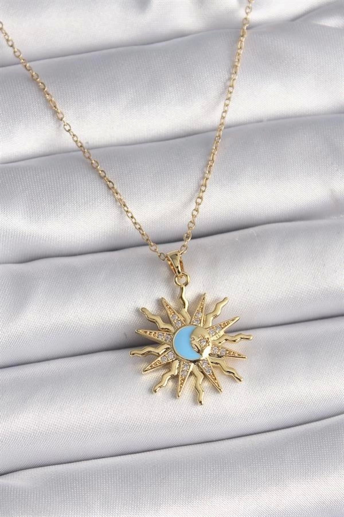 Lale Moda 316L Çelik Gold Renk Zincir Zirkon Taşlı Güneş Model Mavi Ay İşleme Kadın Kolye