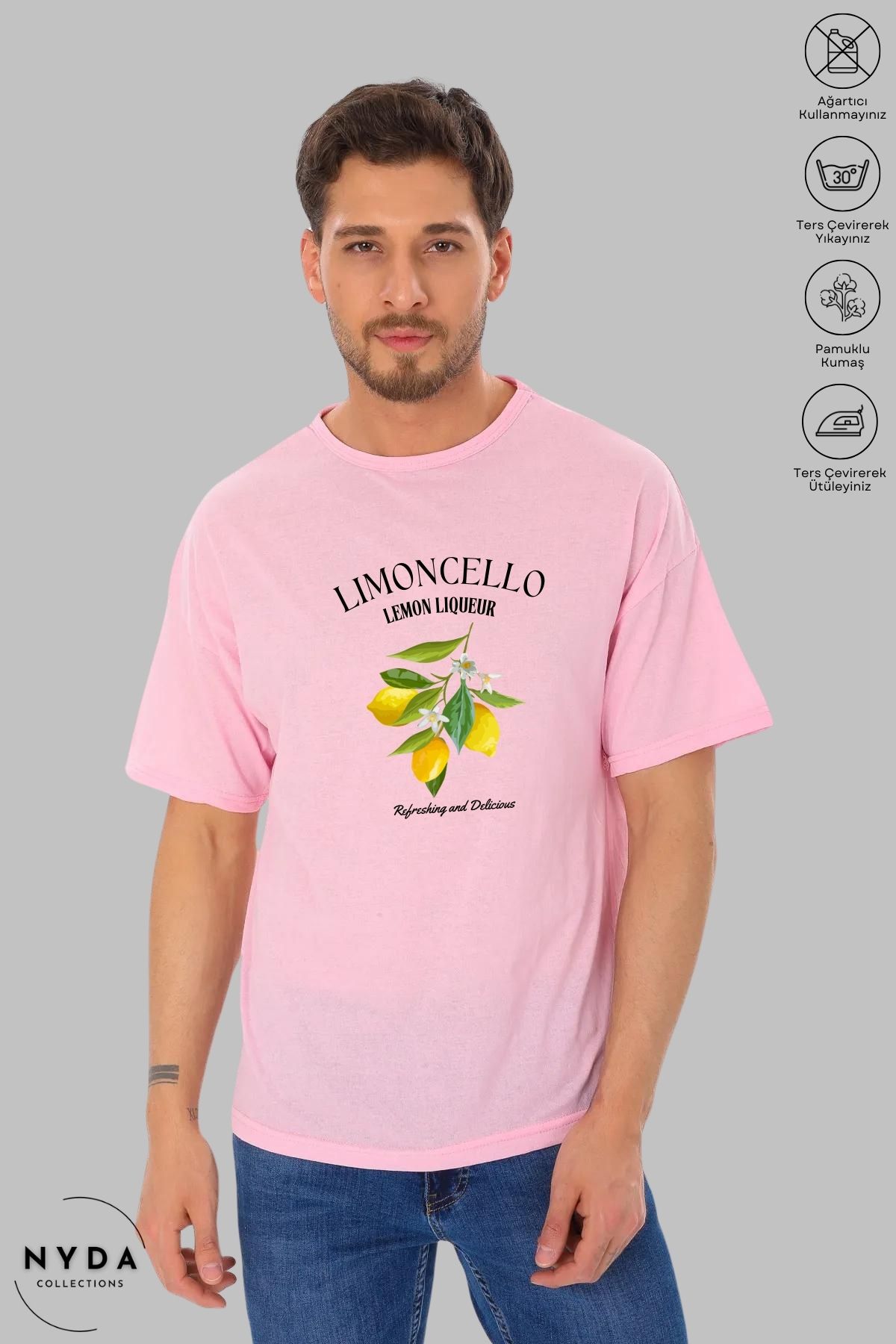 Nyda Collections Unisex Bisiklet Yaka Limon Baskılı Pamuk Oversize Kısa Kollu Tişört