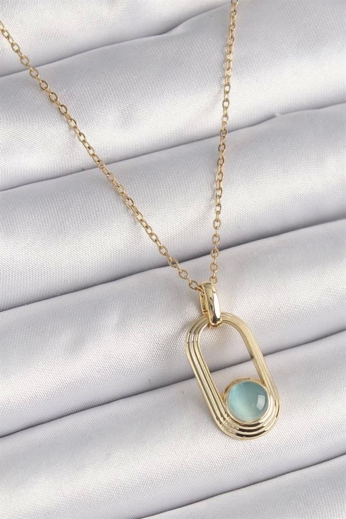 Lale Moda 316L Çelik Gold Renk Zincir Mavi Kedi Göz Model Kadın Kolye