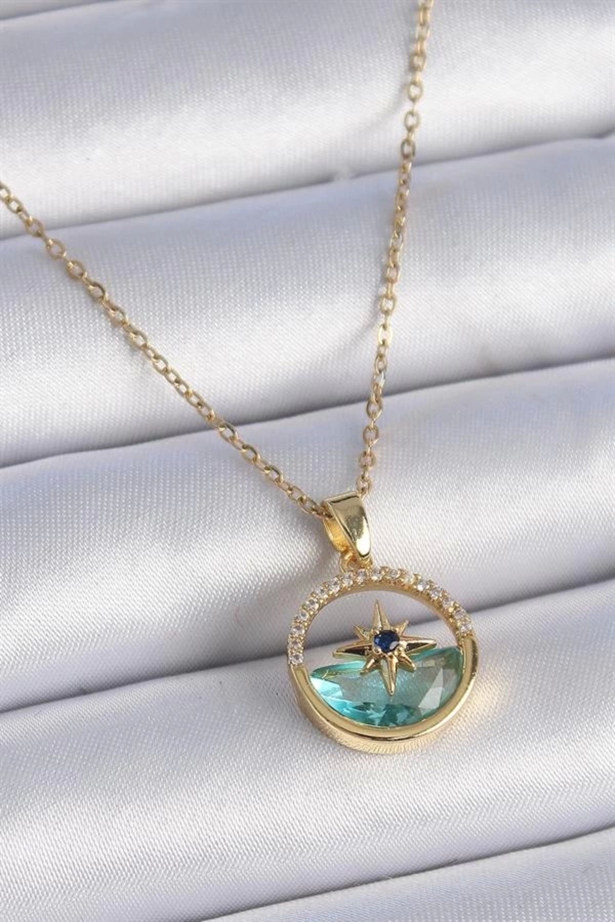 Lale Moda 316L Çelik Zincir Gold Renk Zirkon Taşlı Deniz Görünüm Kutup Yıldız Model Kadın Kolye