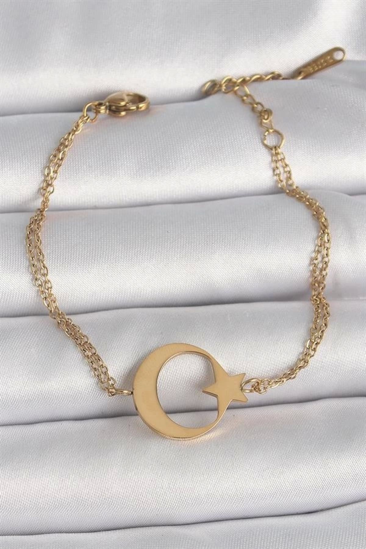Lale Moda 316L Çelik Gold Renk Ay Yıldız Model Kadın Bileklik