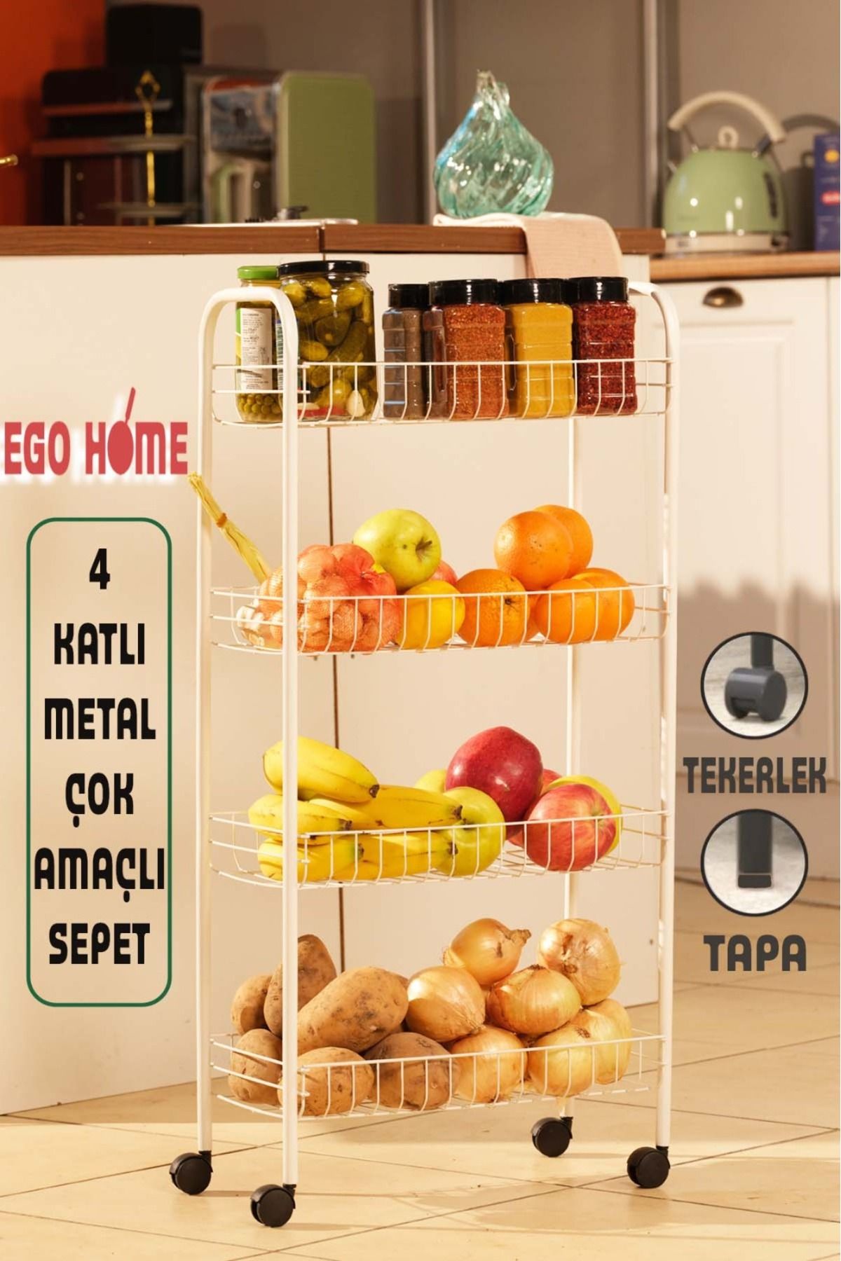 ego home 4 Katlı Metal Raf Sebzelik Patateslik Soğanlık Meyvelik Patates Soğan Sepeti Çok Amaçlı Metal Raf