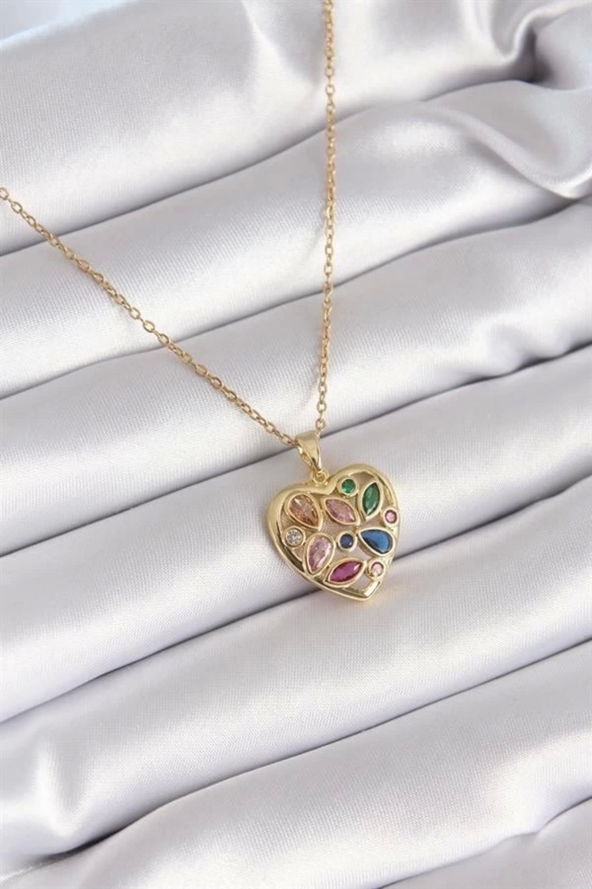 Lale Moda 316L Çelik Gold Renk Renkli Zirkon Taşlı Kalp Model Kadın Kolye