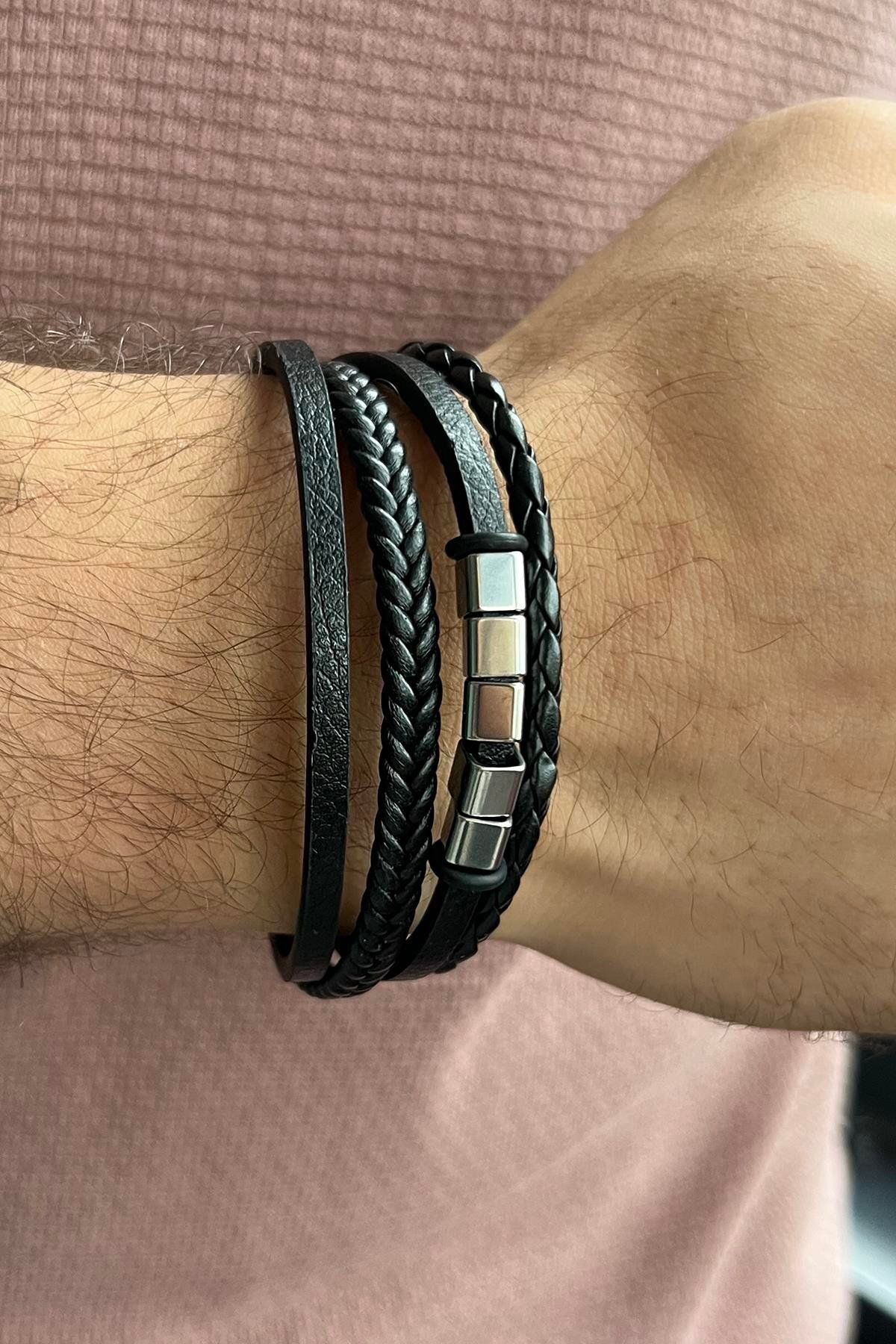 TAKIŞTIR Siyah Renk Metal Detaylı Çelik Bileklik