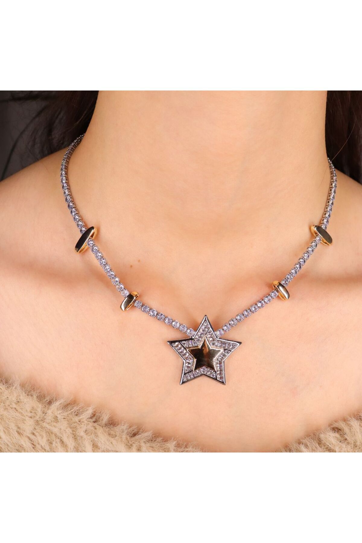 mercanjewelry Gold Plaka ve Yıldız Detaylı Dönmez Su Yolu Kolye