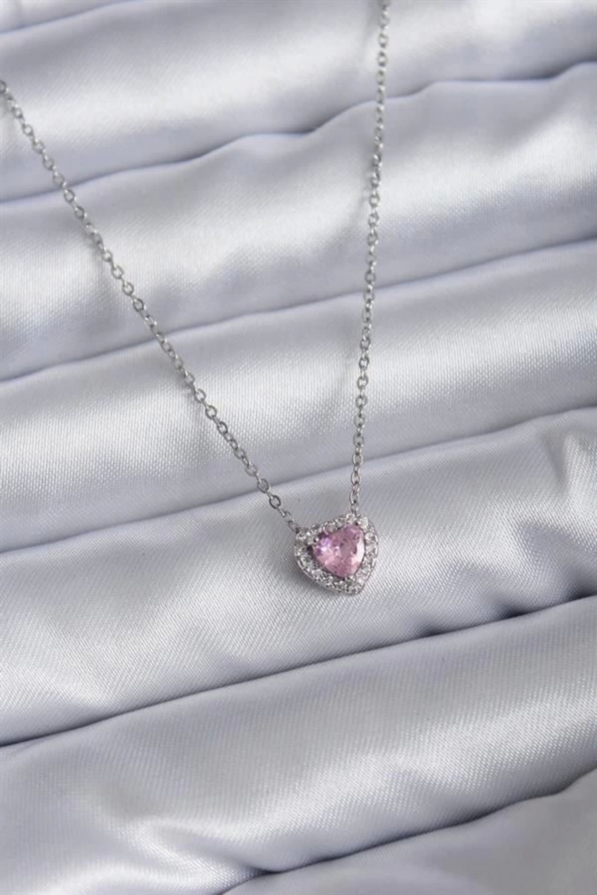 Lale Moda 316L Çelik Zincirli Gümüş Renk Pembe Zirkon Taşlı Charm Kadın Kolye