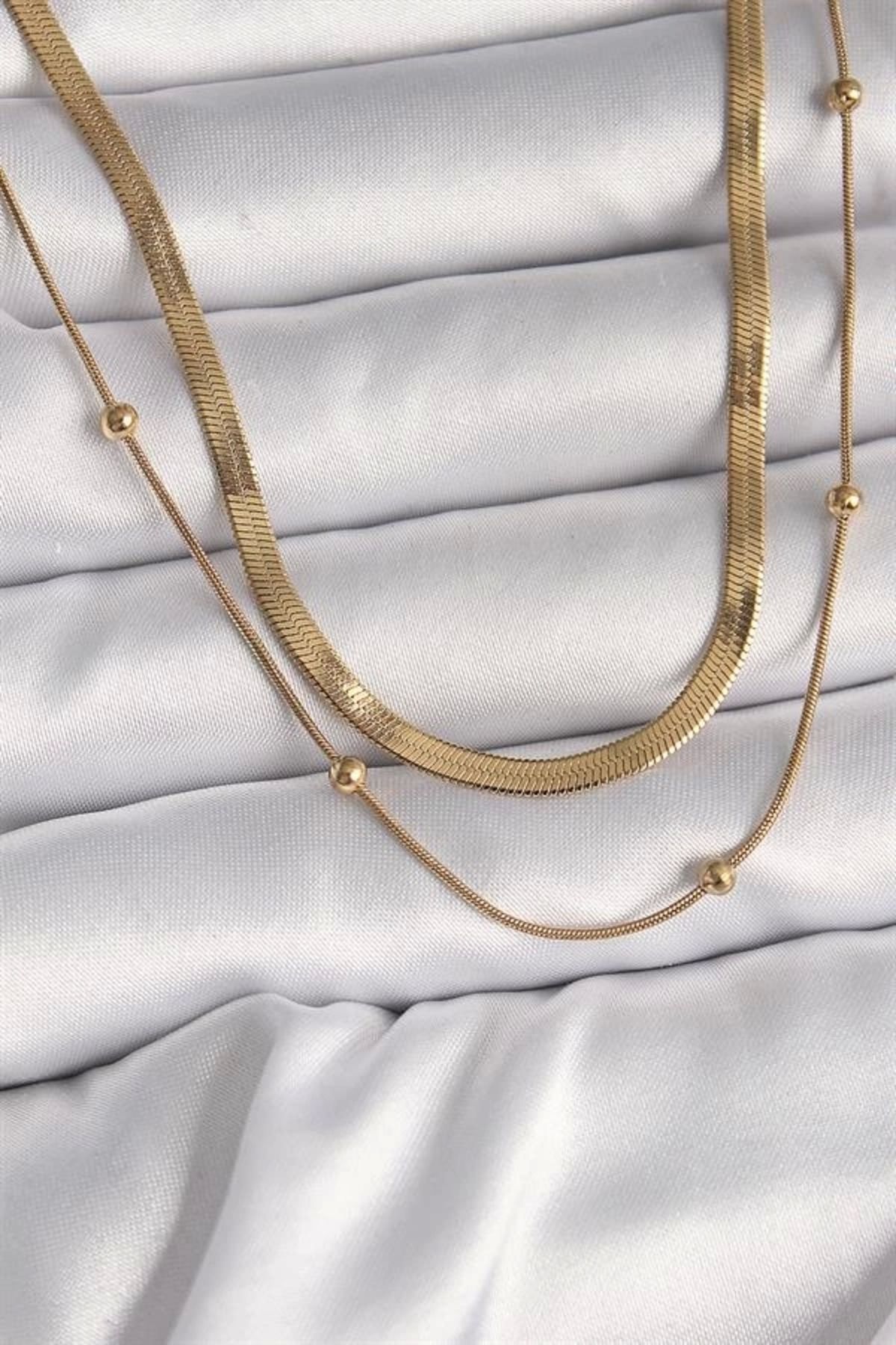 Lale Moda 316L Çelik Gold Renk 2'Li İtalyan Zincir Topçuk Detay Kadın Kolye