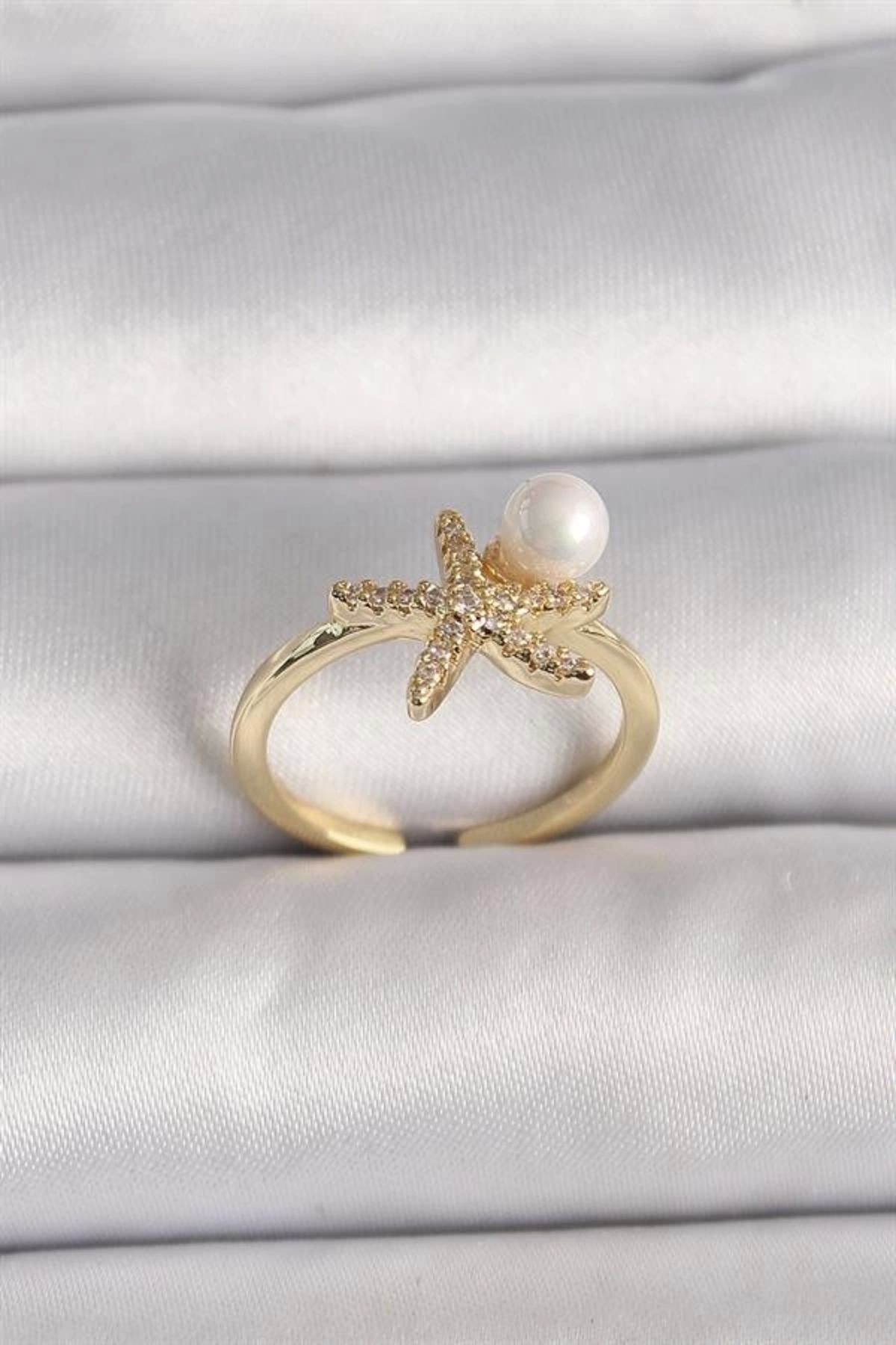 Lale Moda Pirinç Gold Renk Zirkon Taşlı Deniz Yıldızı Model İnci Detay Ayarlababilir Yüzük