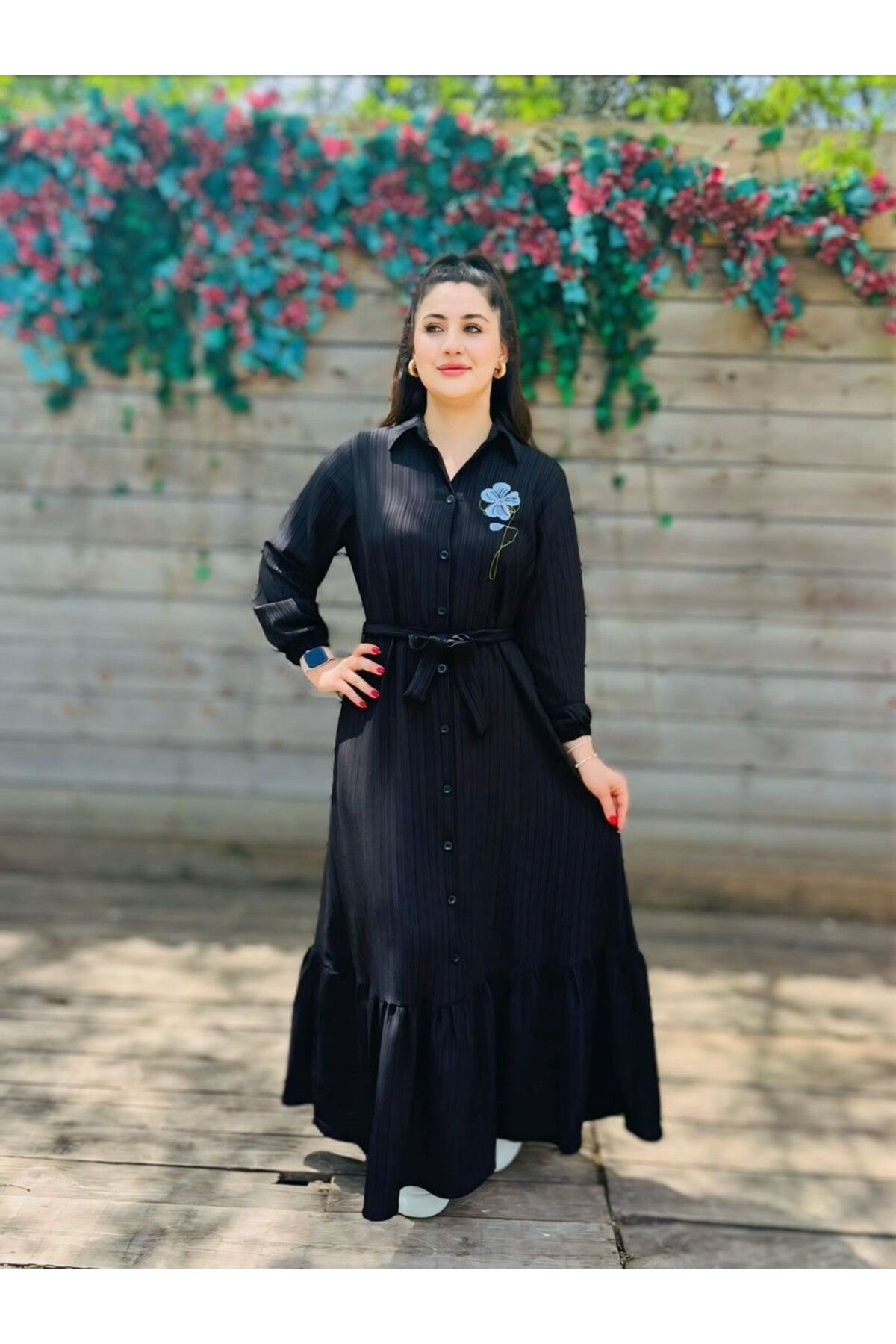 YAMANCAN MODA Kadın Fırfır Detaylı Kolu Lastikli Bürümcük Şık Elbise