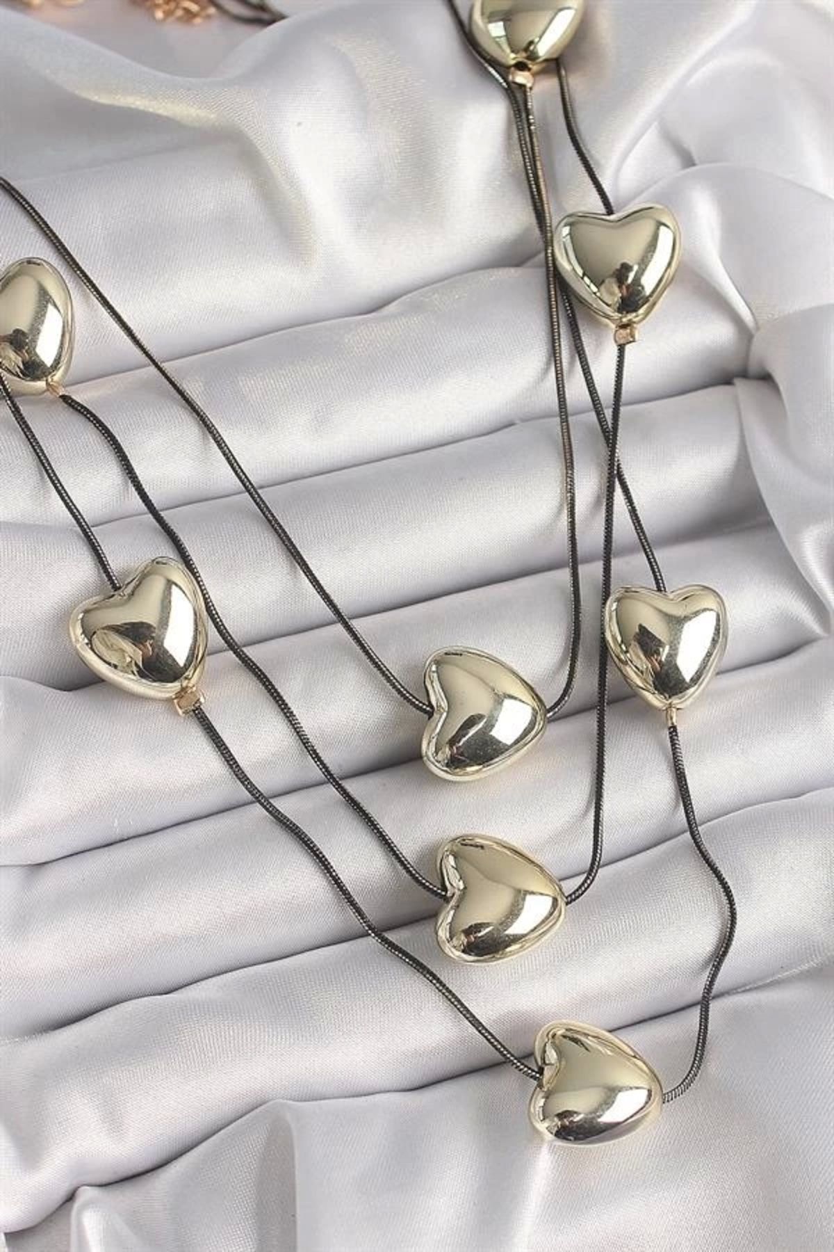 Lale Moda Pirinç Füme Renk Zincir 3D Gold Renk Kalp Model Kadın Kolye
