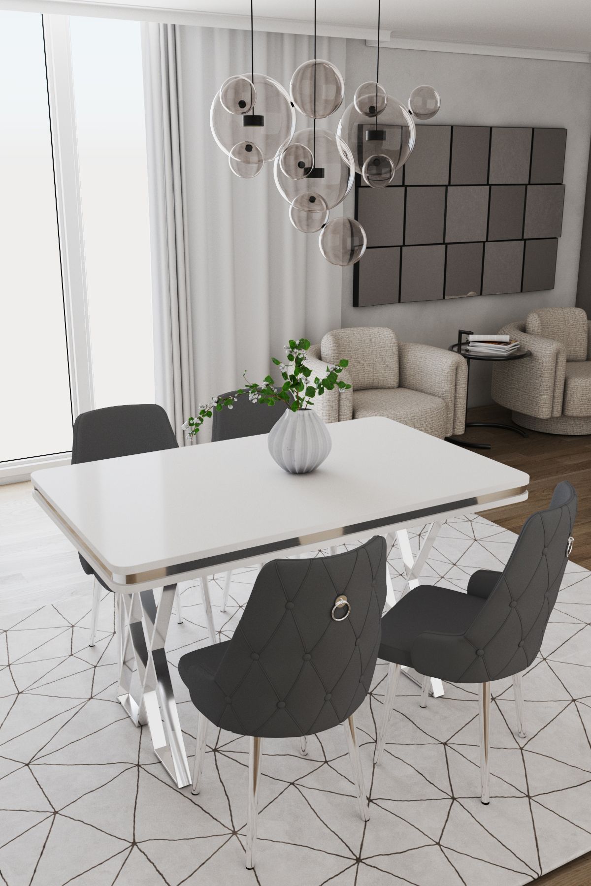 DEREN HOME Rio Serisi 80x130 MDF masa + 4 Adet Metal Ayaklı Sandalye Silinebilir Kumaş Antrasit