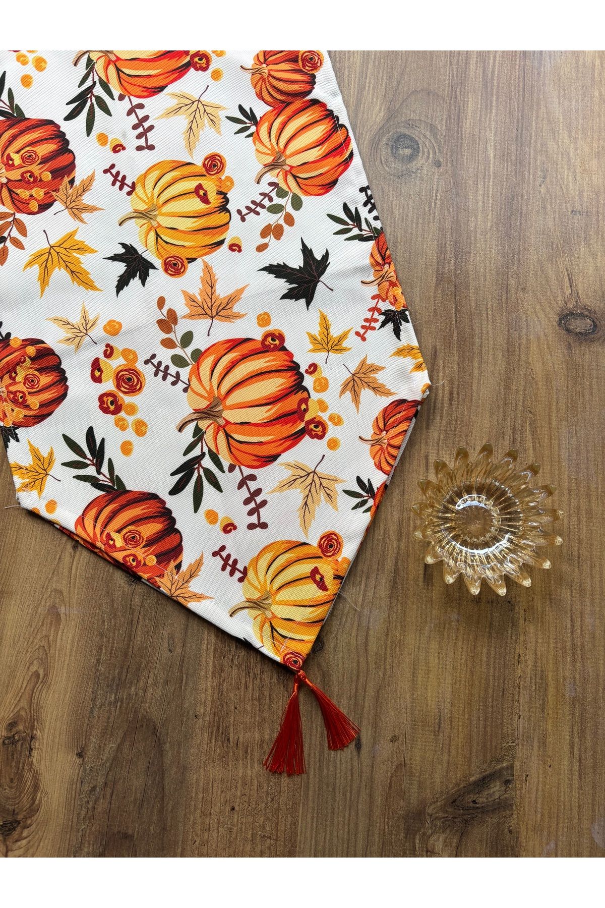 HALFART-Set de 6 supla cu runner de dovleac și portocale |   Runner impermeabil Duck Linen |   Set de masă elegant 4