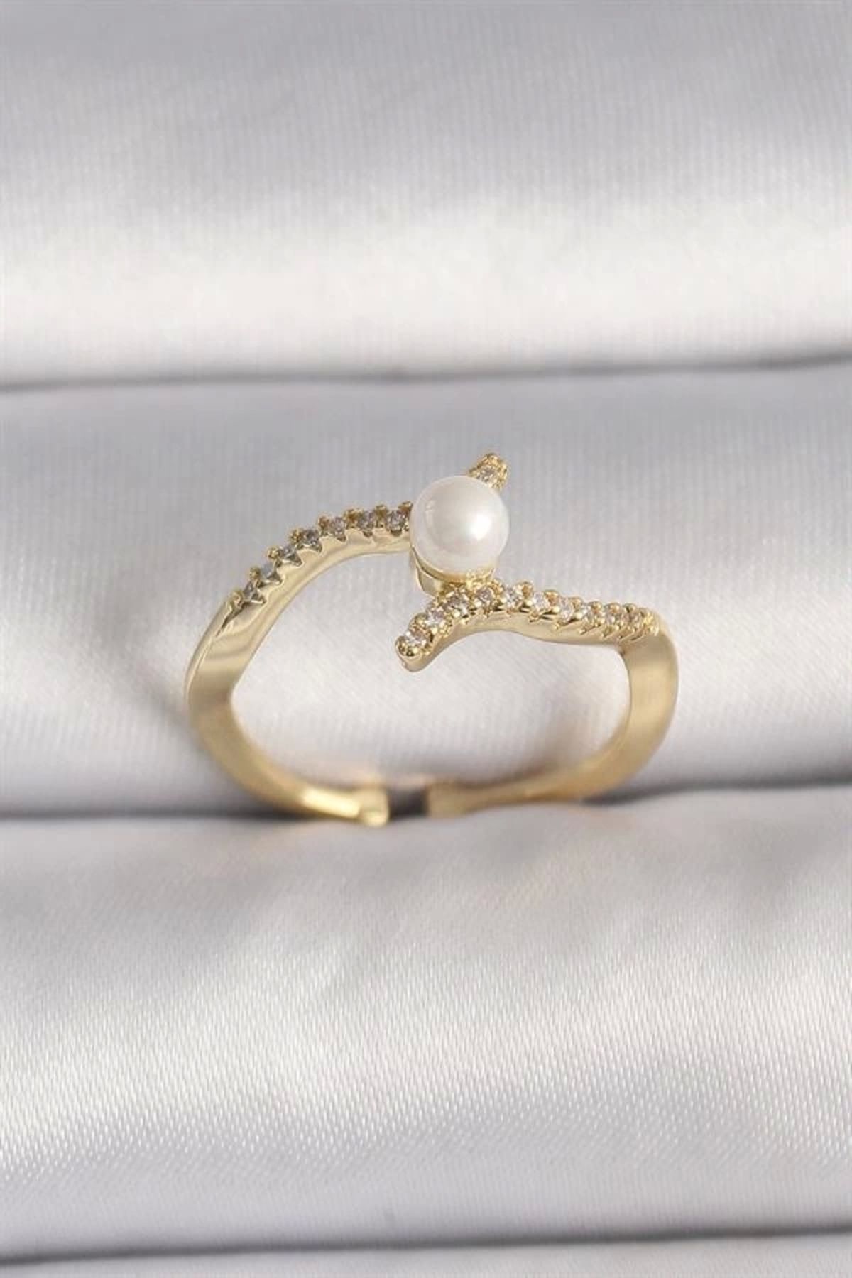 Lale Moda Pirinç Gold Renk Zirkon Taşlı İncili Ayarlanabilir Yüzük