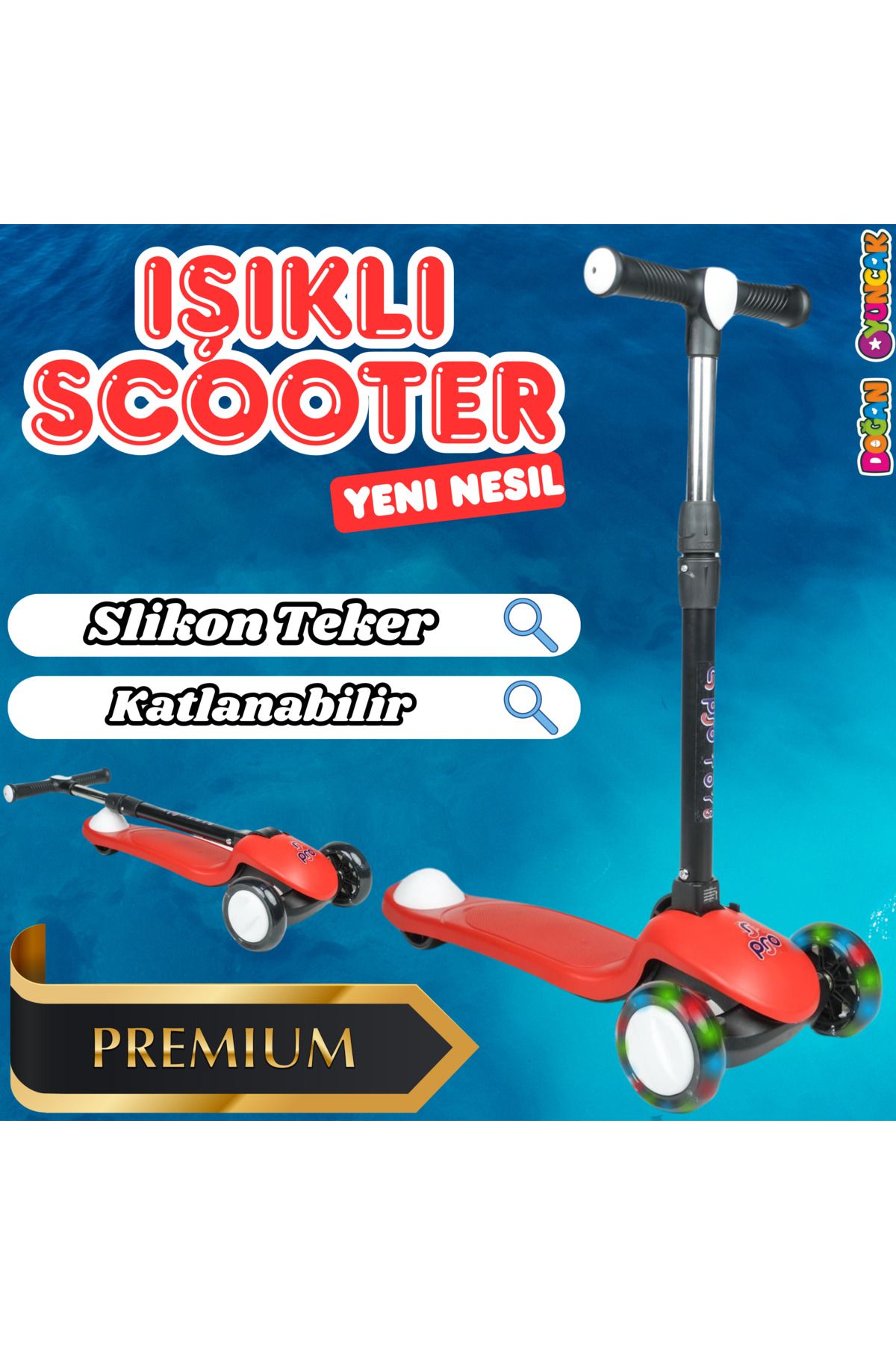 Doğan Oyuncak Dünyası Lupa Katlanabilir Işıklı 3 Tekerlekli Kırmızı Scooter - Işıklı Scooter - Slikon Teker Scooter - Çocu