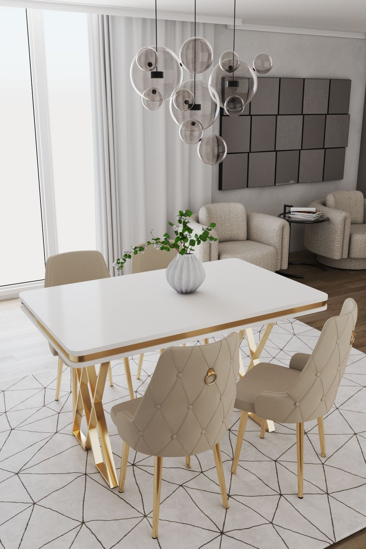 DEREN HOME Rio Gold Serisi 80x130 masa + 4 Adet Metal Ayaklı Silinebilir Kumaş Kapiçino