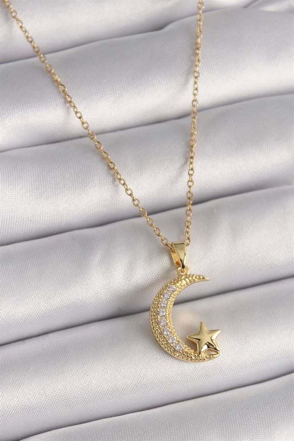 Lale Moda 316L Çelik Gold Renk Zincir Zirkon Taşlı Hilal Model Yıldız Detay Kadın Kolye