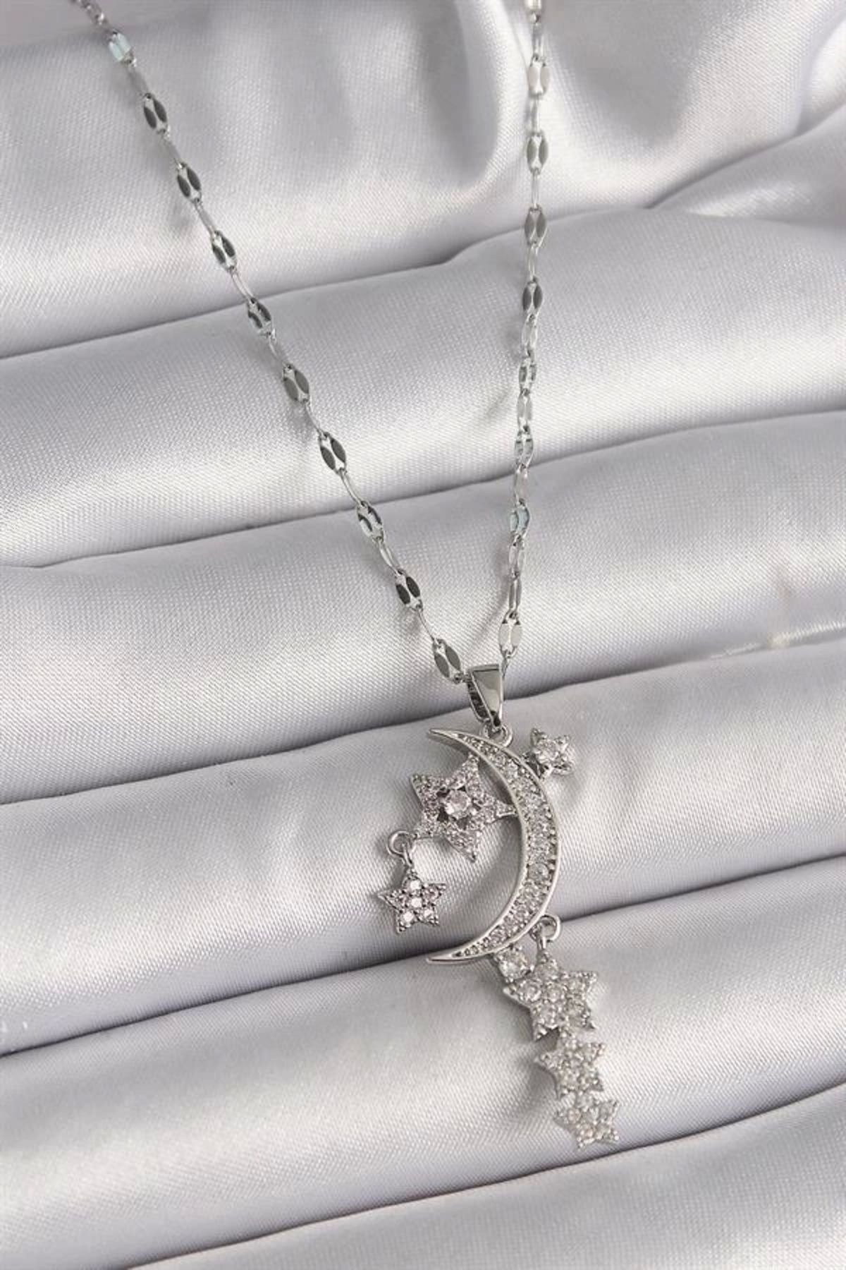 Lale Moda 316L Çelik Gümüş Renk Zincir Zirkon Taşlı Hilal Yıldız Figür Sallantı Detay Kadın Kolye