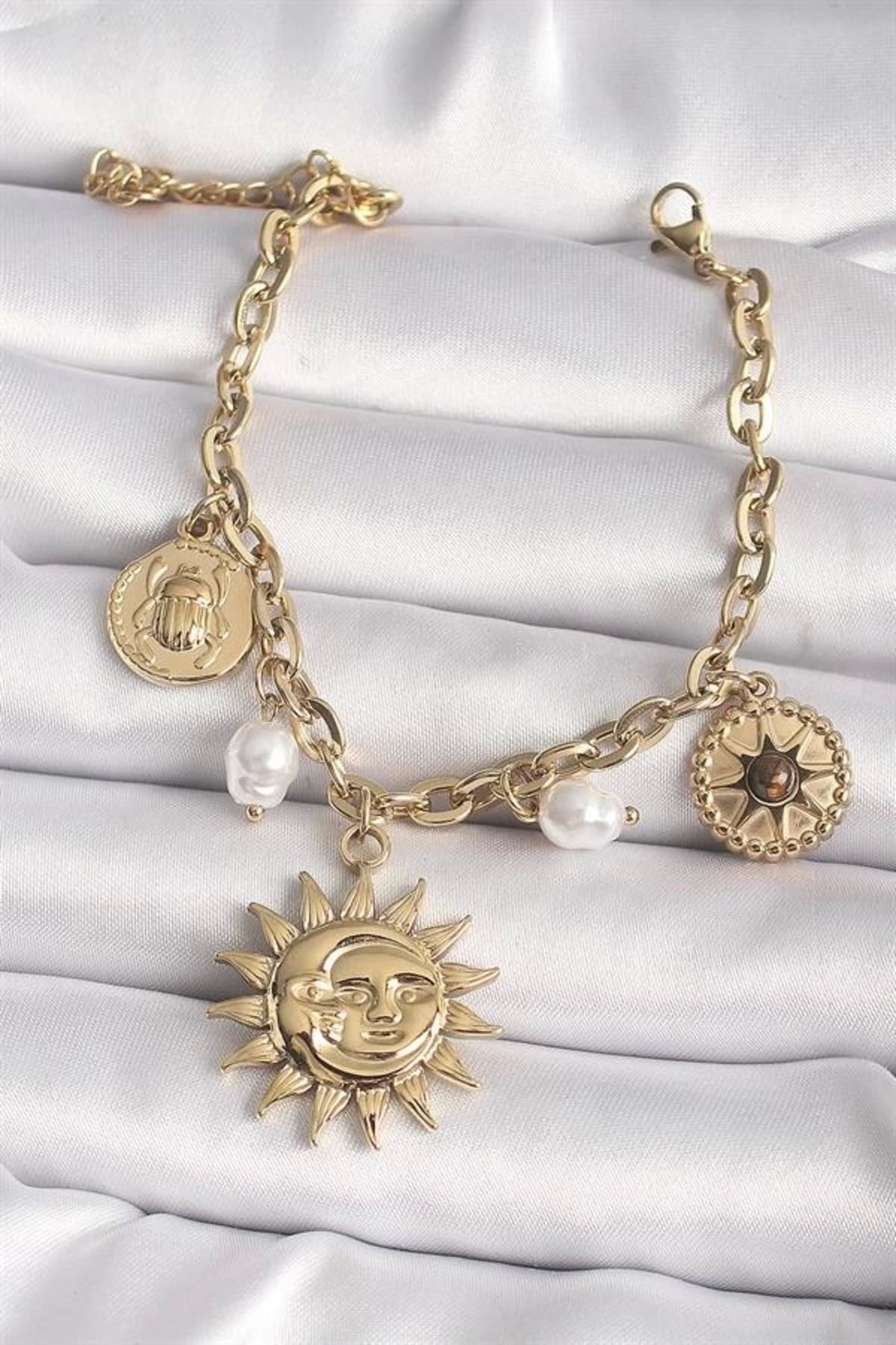 Lale Moda 316L Çelik Gold Renk Ay Güneş Model İnci Detay Kadın Bileklik