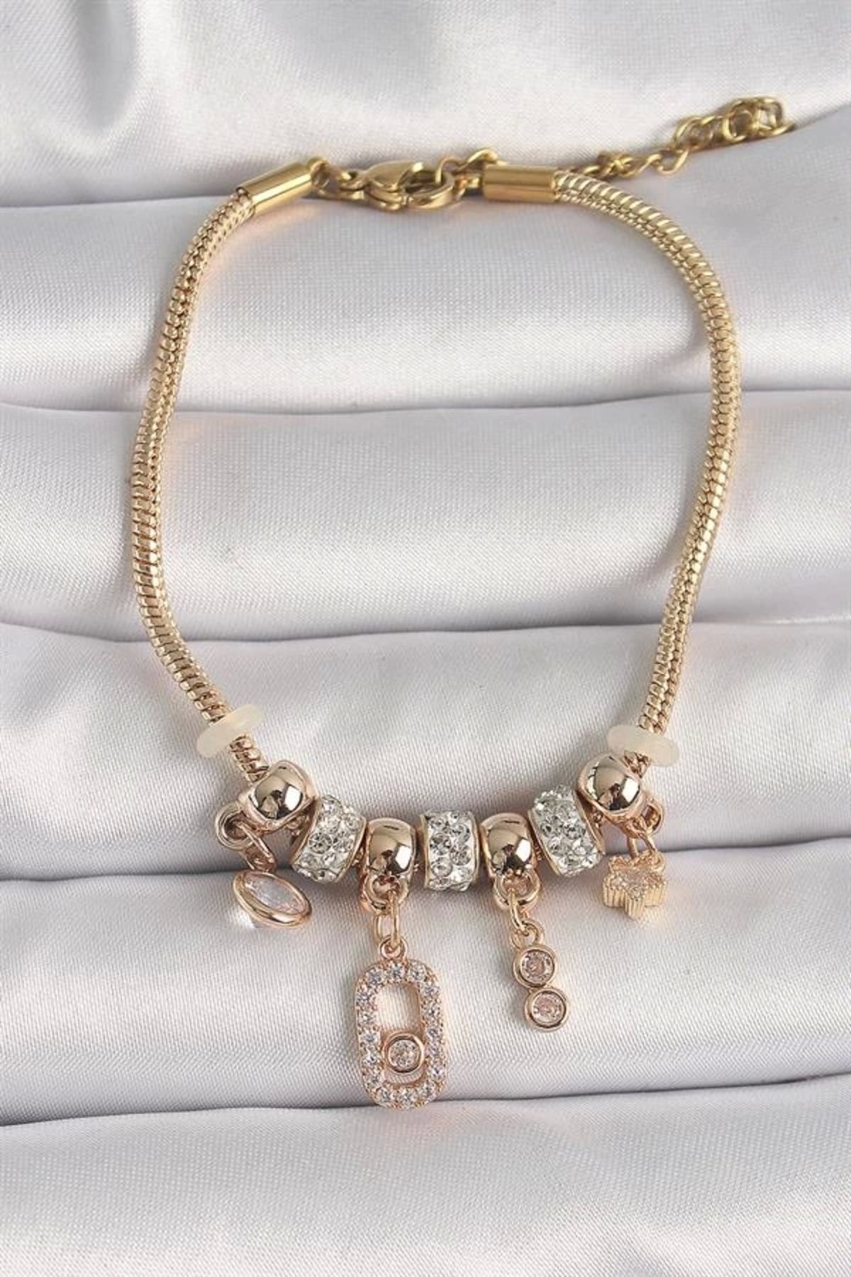 Lale Moda Pirinç Gold Renk Zincir Sallantı Zirkon Taşlı Messika Figür Yıldız Detay Kadın Bileklik